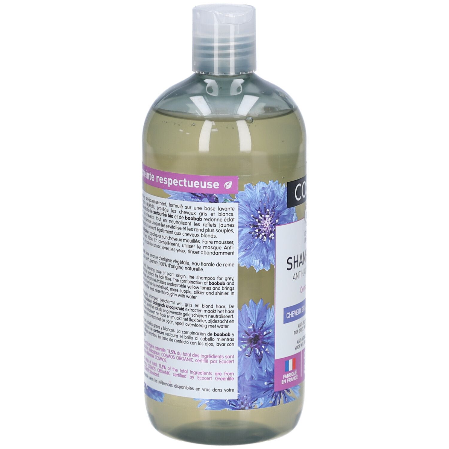 COSLYS Shampooing-Flasche, Rückseite mit Text. Enthält Informationen über Inhaltsstoffe und Zertifizierungen.