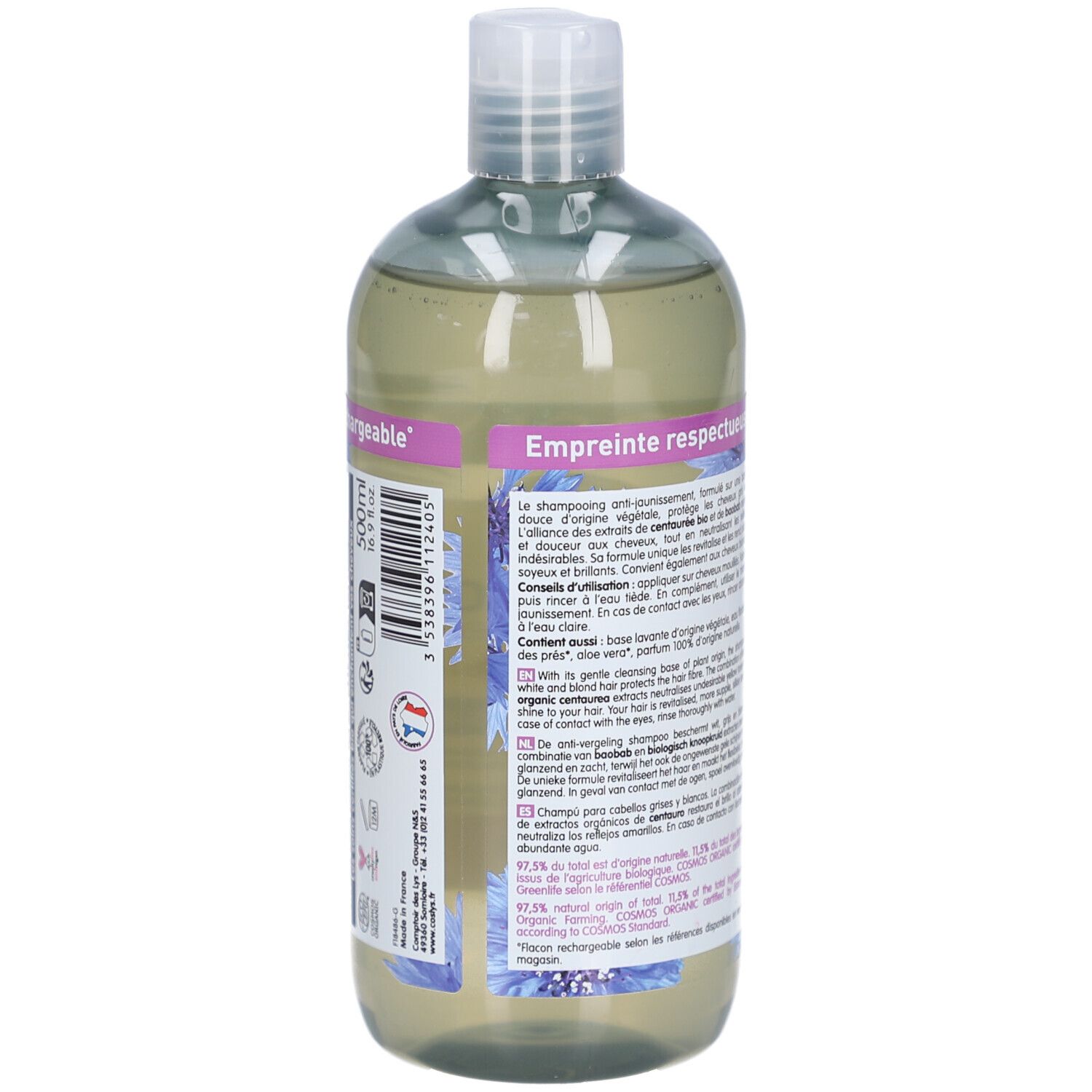 Rückseite der COSLYS Shampoo-Flasche. Text über Inhaltsstoffe, Zertifizierungen und Umweltaspekte.