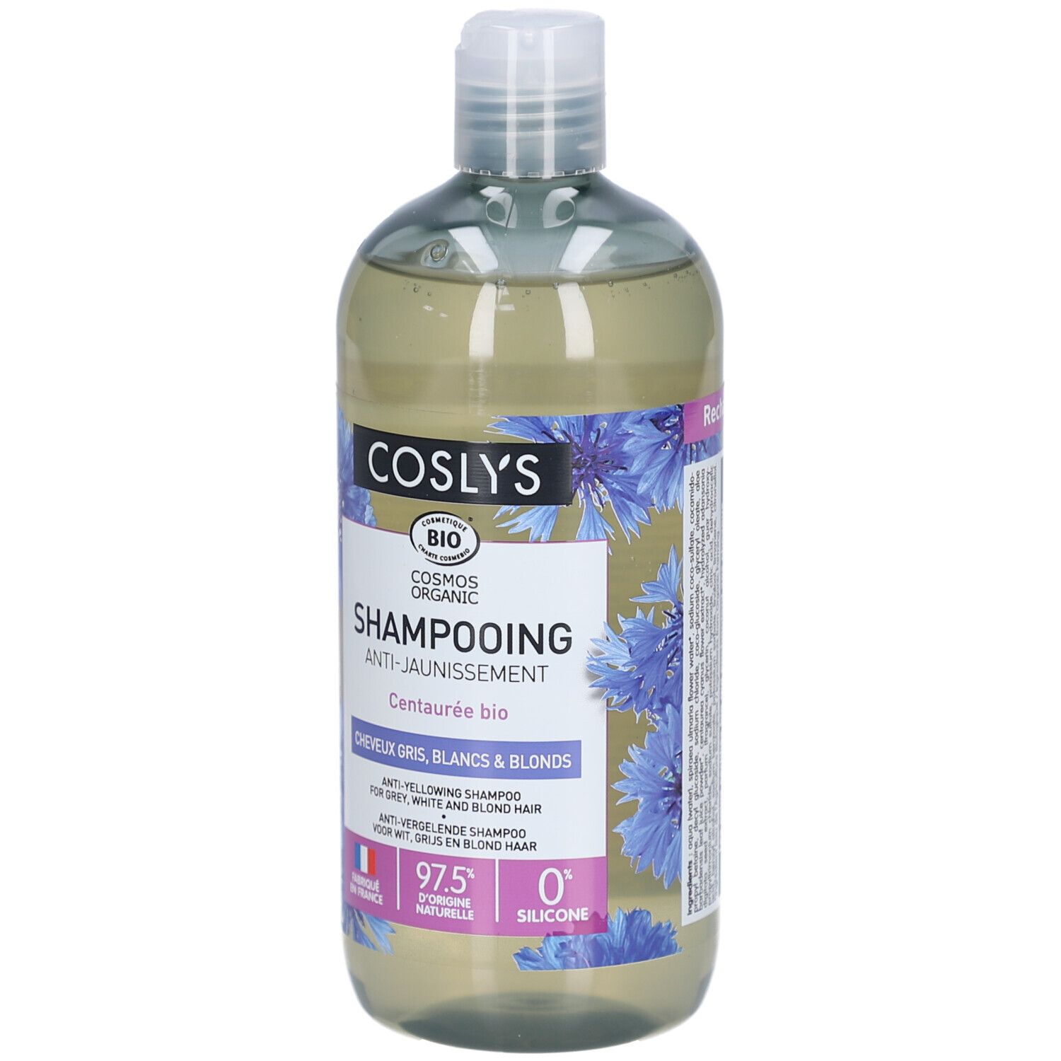 COSLYS Shampooing, Anti-Gelbstich für graues, weißes und blondes Haar. Flasche mit blauen Blüten und Produktinformationen.