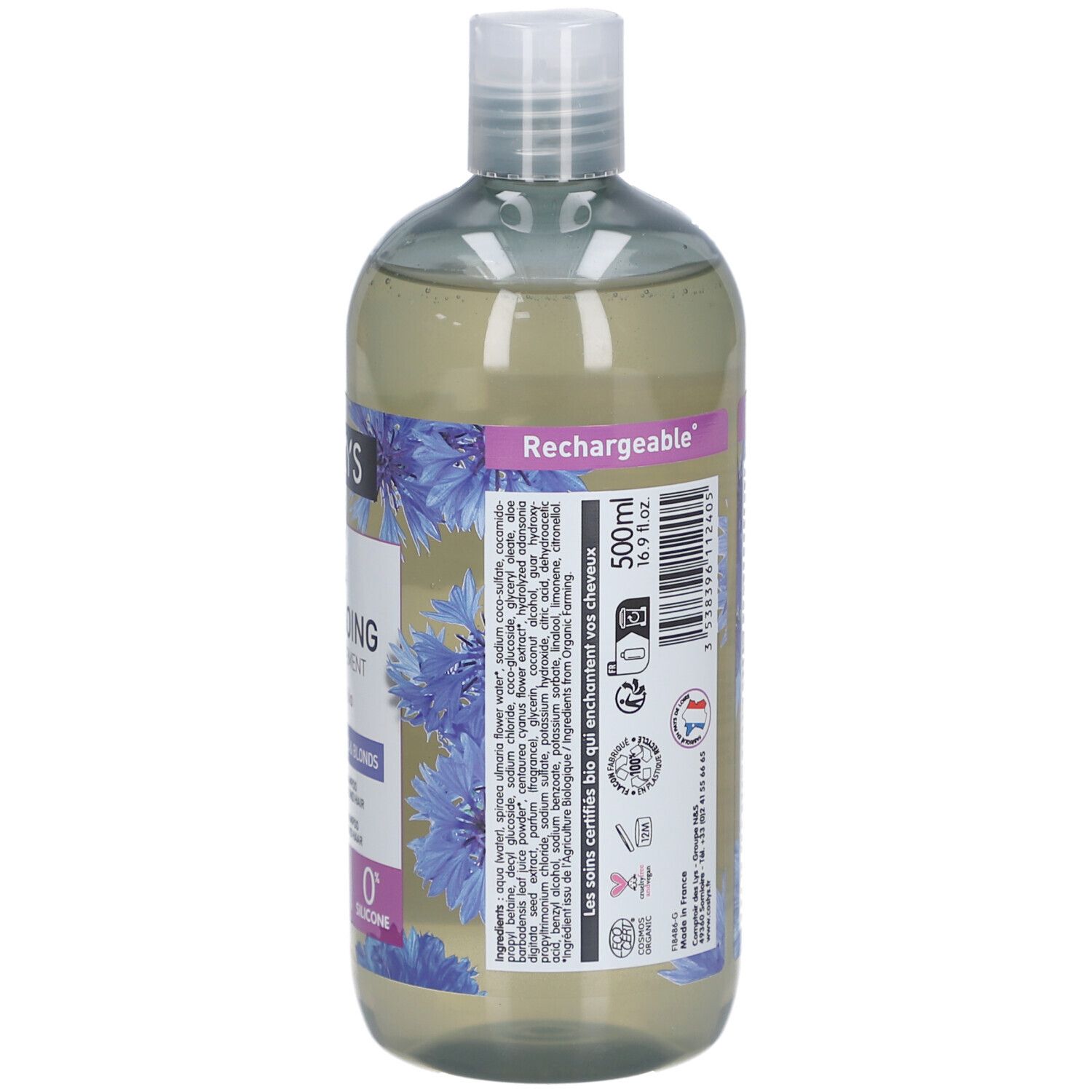 COSLYS Shampooing-Flasche, Rückseite mit Text. Enthält Informationen über Inhaltsstoffe und Volumen (500ml).