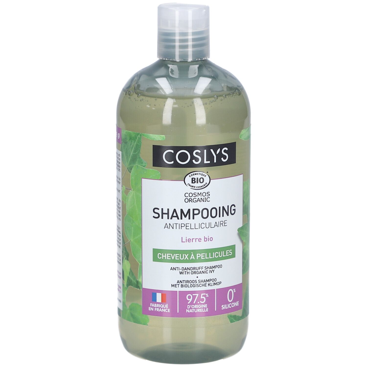 Shampooing antipelliculaire COSLYS. Flasche mit grünem Etikett und Produktinformationen. Bio-Zertifizierung.