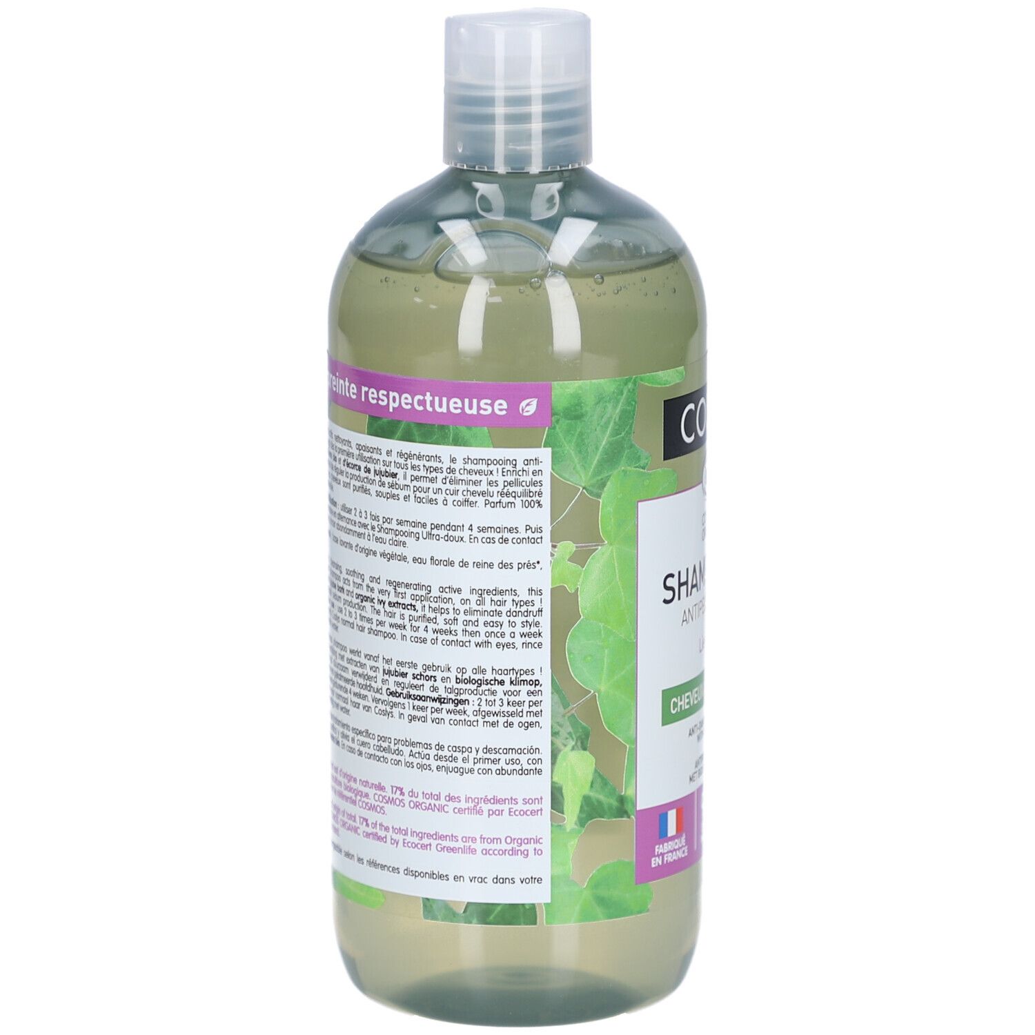 Rückseite der Shampoo-Flasche. Textinformationen, Inhaltsstoffe, Anwendungshinweise. Bio-Zertifizierung.