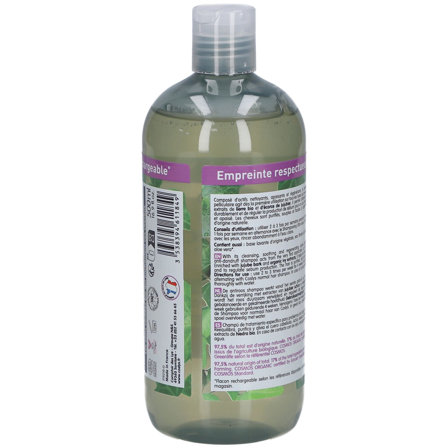 Rückseite der Shampoo-Flasche. Textinformationen, Inhaltsstoffe, Anwendungshinweise. Bio-Zertifizierung.