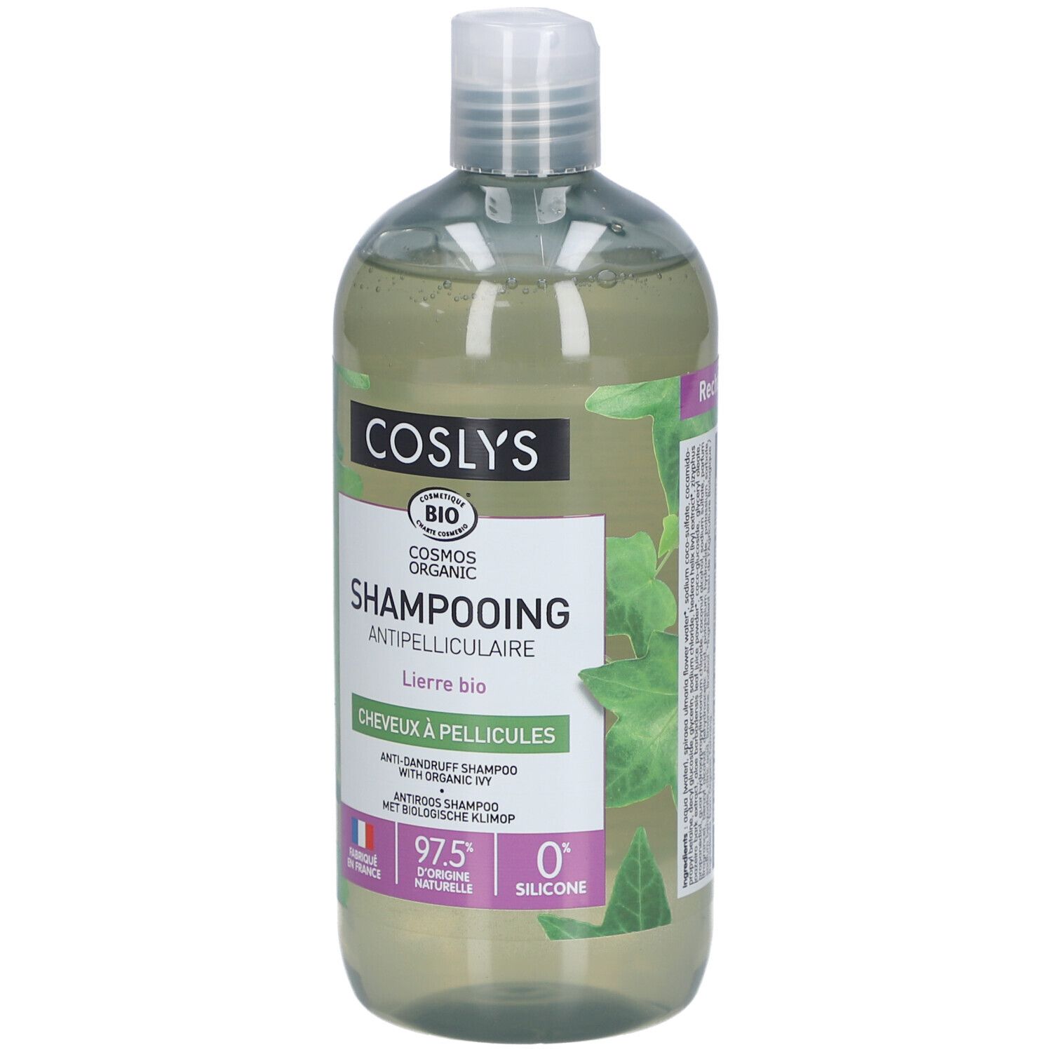 Shampooing antipelliculaire COSLYS. Flasche mit grünem Etikett und Produktinformationen. Bio-Zertifizierung.