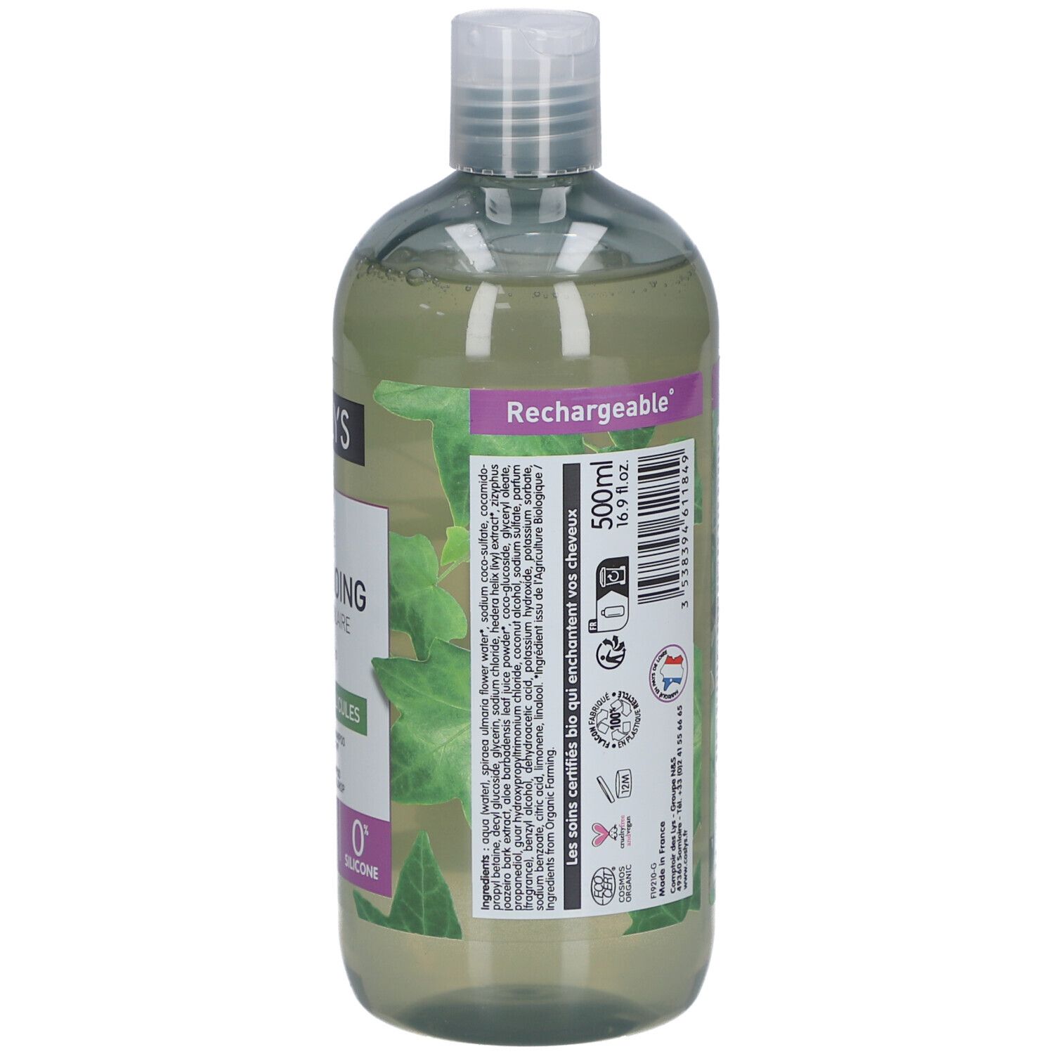 Rückseite der Shampoo-Flasche. Textinformationen, Inhaltsstoffe, Anwendungshinweise. Bio-Zertifizierung.