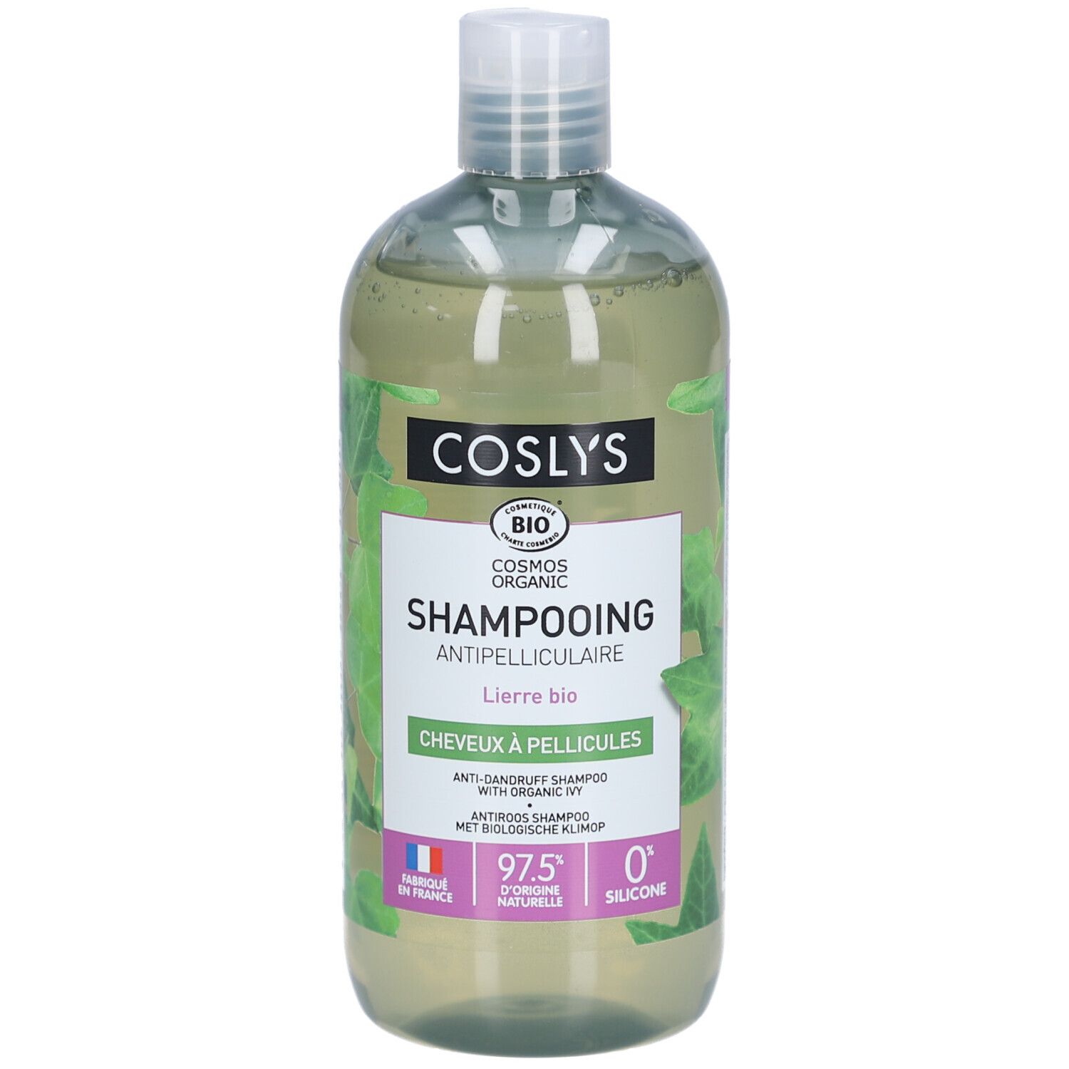 Shampooing antipelliculaire COSLYS. Flasche mit grünem Etikett und Produktinformationen. Bio-Zertifizierung.