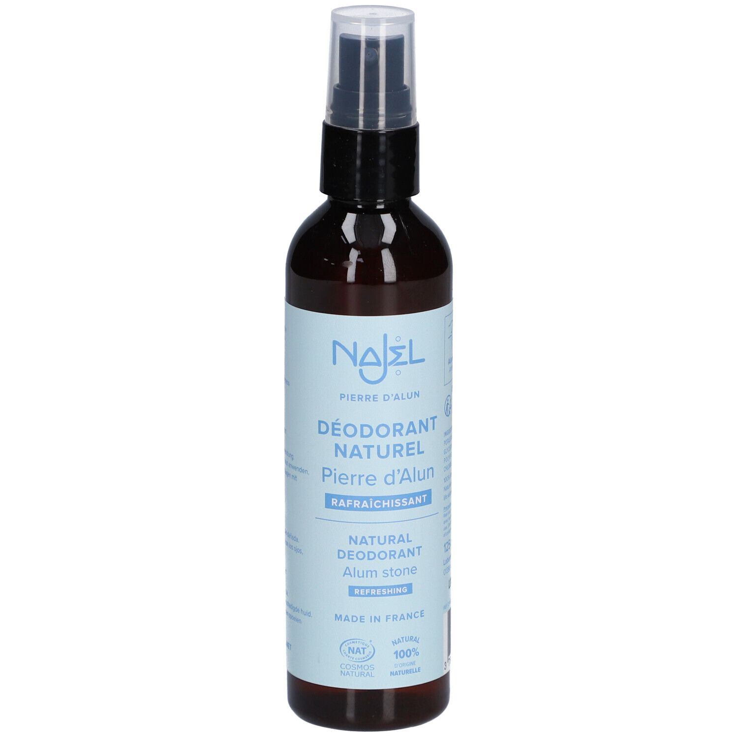 Flacon spray marron avec vaporisateur noir. Inscription: NAJEL, Déodorant Naturel Pierre d'Alun, Rafraîchissant.