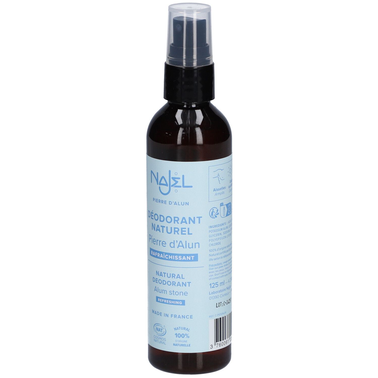 Flacon spray marron avec vaporisateur noir. Inscription: NAJEL, Déodorant Naturel Pierre d'Alun, 125 ml.