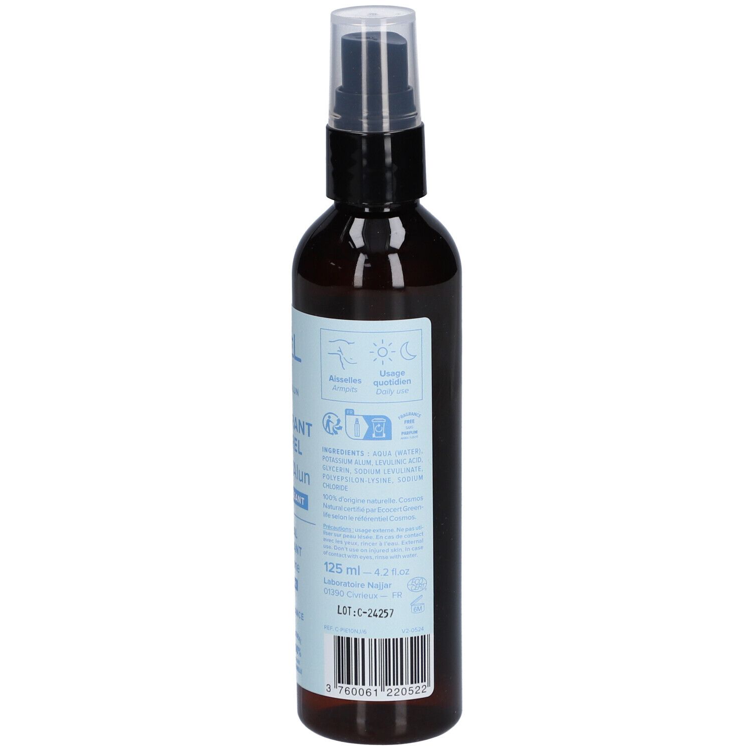 Dos du flacon spray marron. Texte, ingrédients, 125 ml. Inscription: Déodorant Naturel Pierre d'Alun.
