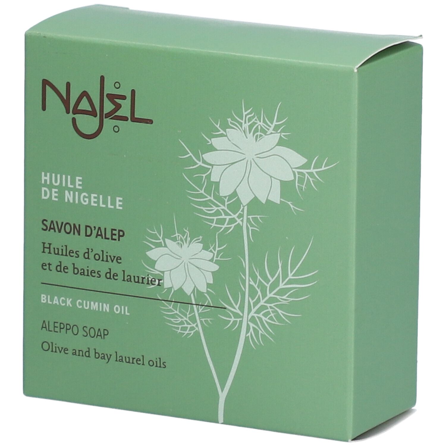 Boîte verte avec logo NAJEL et mentions produit. Savon à l'huile de nigelle, savon d'Alep. Illustration florale.