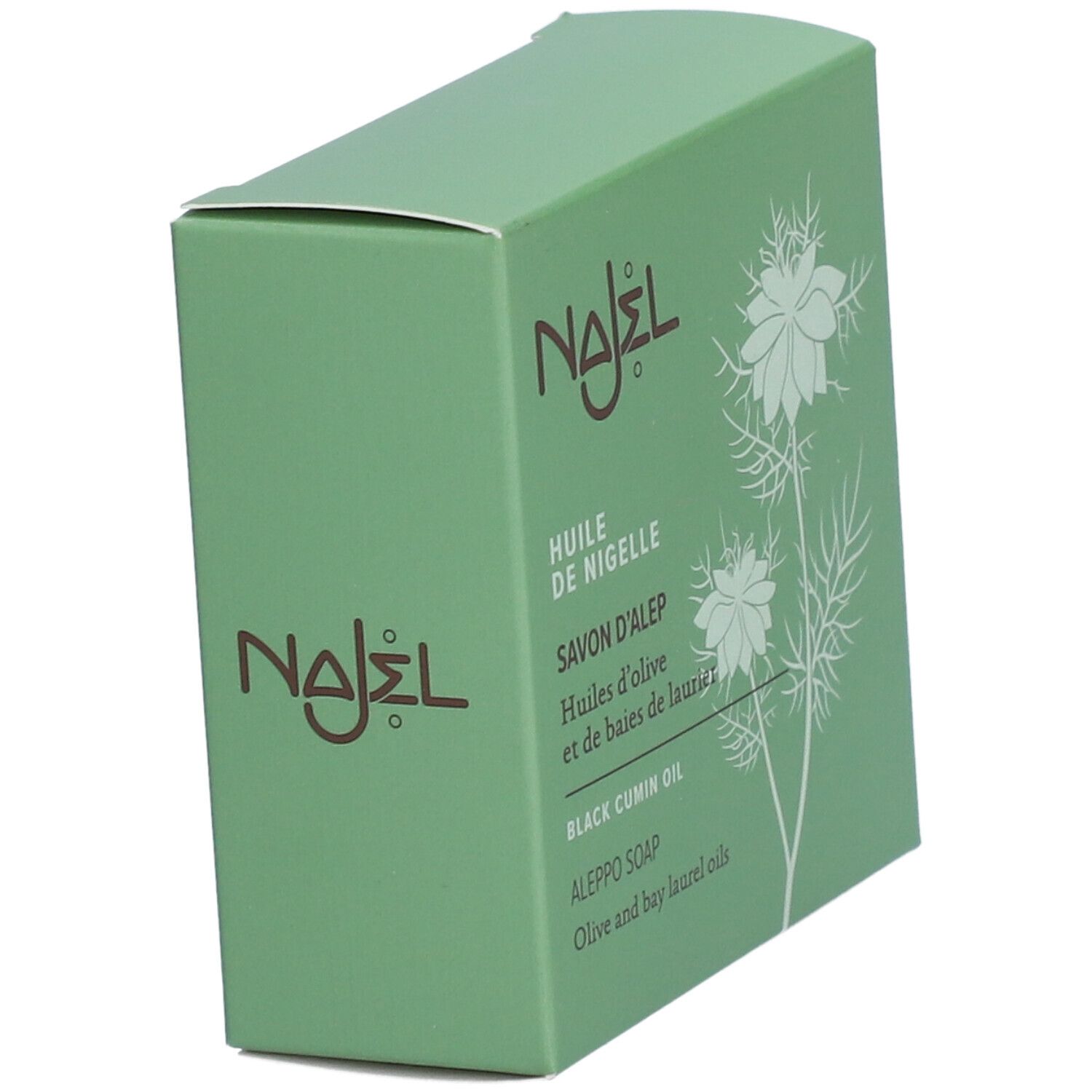 Boîte verte, logo NAJEL et mentions produit. Savon à l'huile de nigelle, savon d'Alep. Illustration florale.