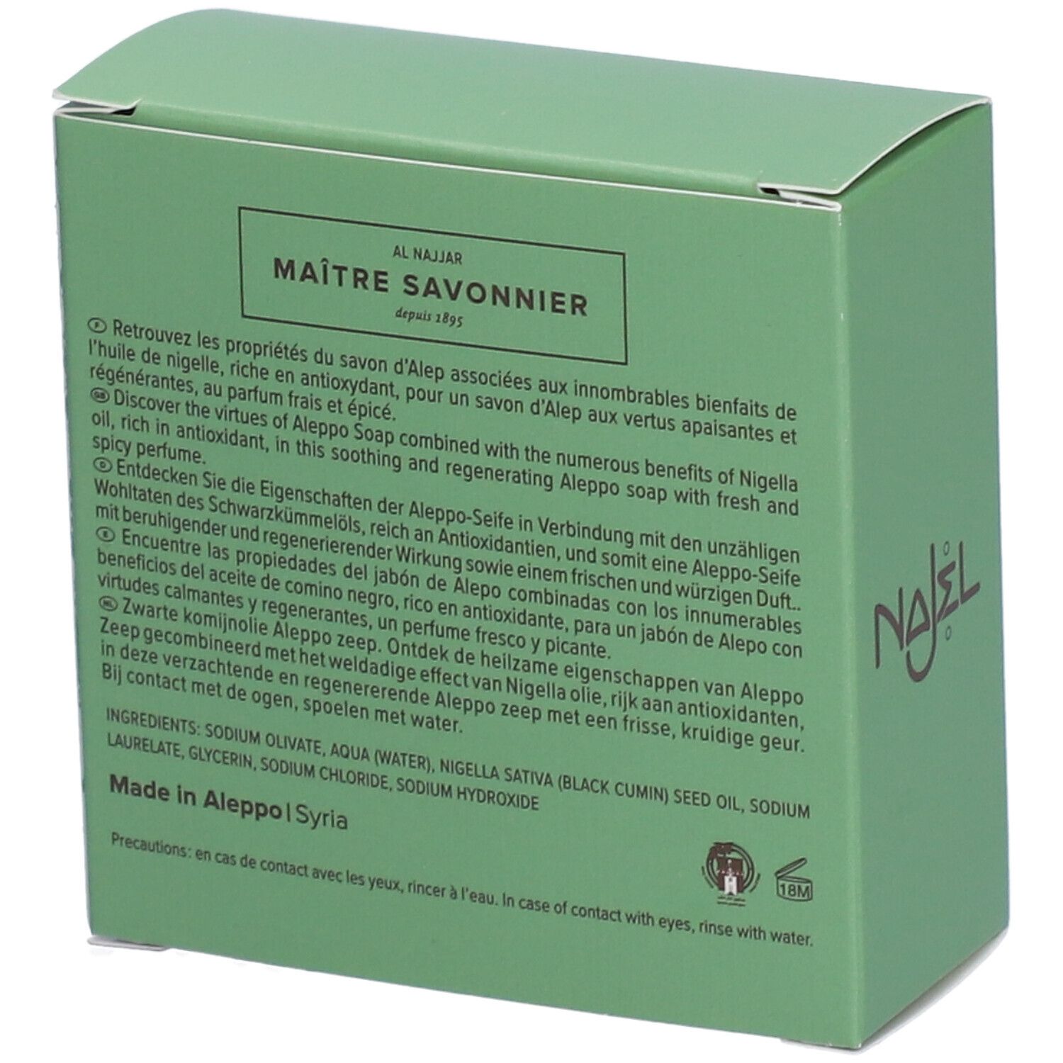 Dos de la boîte verte. Texte multilingue. Savon d'Alep. Ingrédients, fabricant, origine.