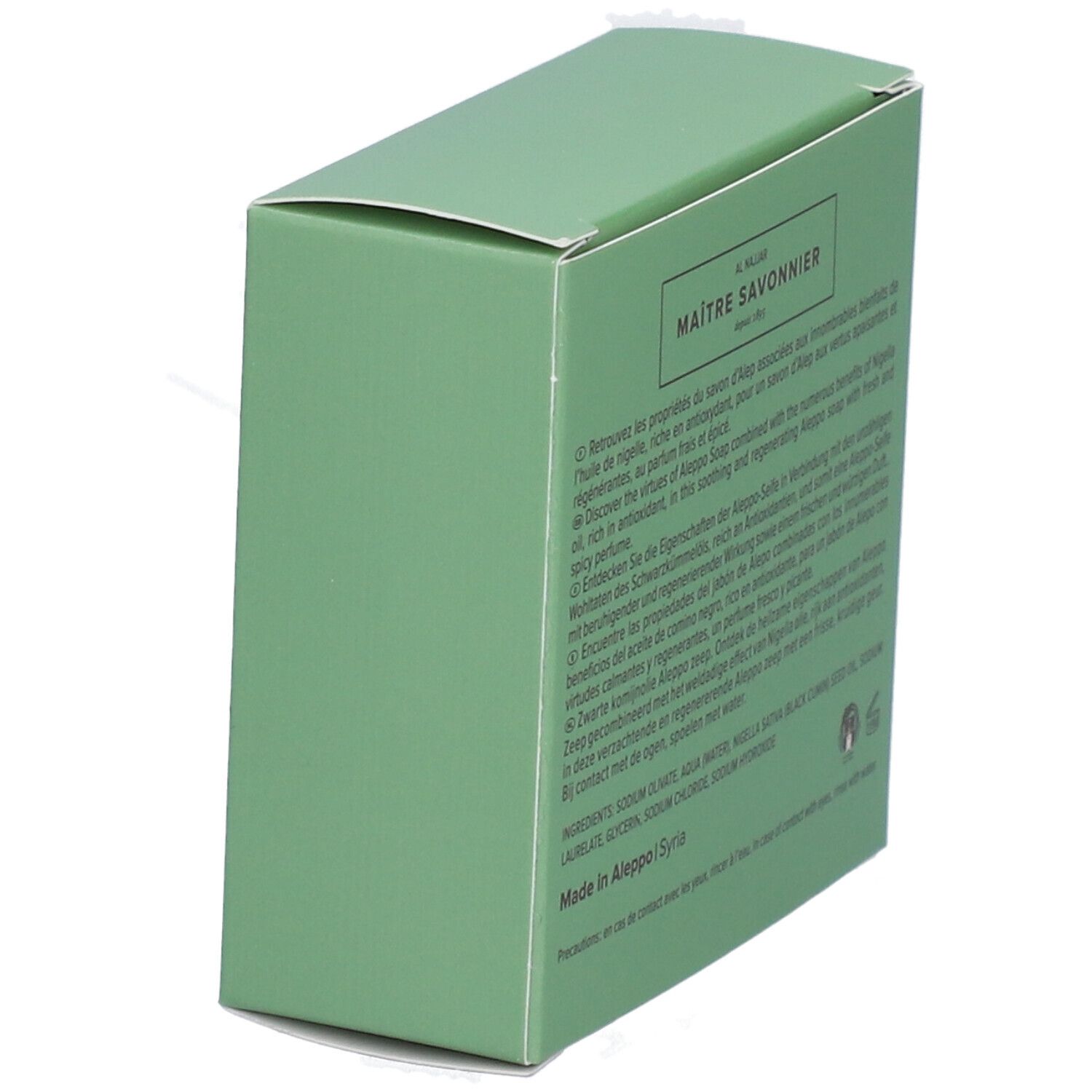 Dos de la boîte verte. Texte multilingue. Savon d'Alep. Ingrédients, fabricant, origine.