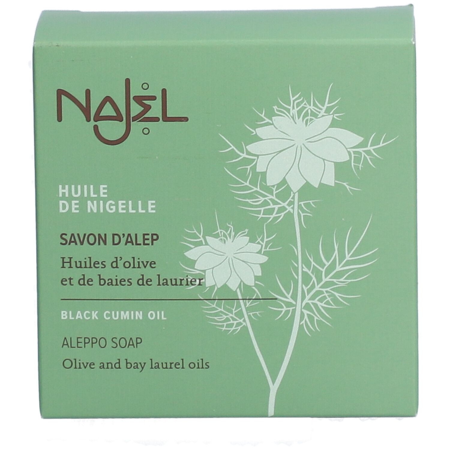 Boîte verte avec logo NAJEL et mentions produit. Savon à l'huile de nigelle, savon d'Alep. Illustration florale.