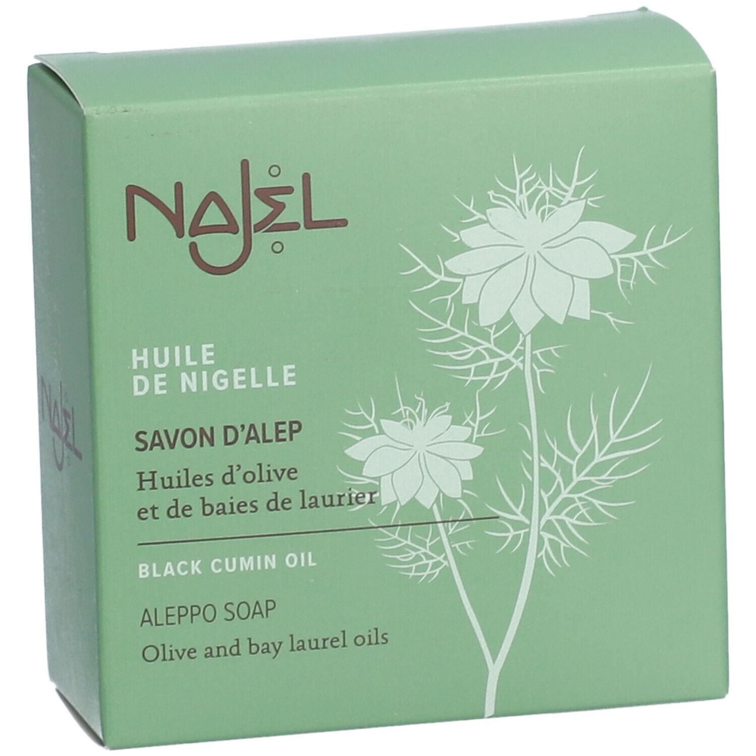 Boîte verte avec logo NAJEL et mentions produit. Savon à l'huile de nigelle, savon d'Alep. Illustration florale.
