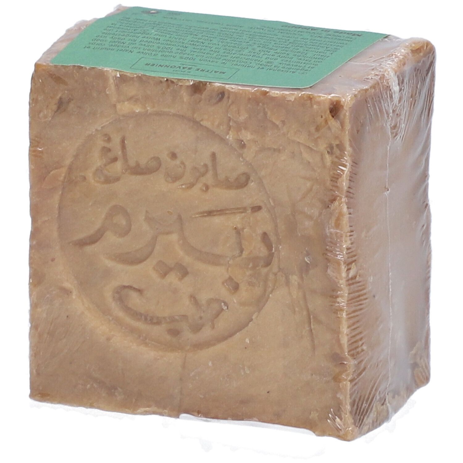Seifenblock in Folie verpackt. Geprägt mit arabischer Schrift. Grüne Banderole. Hergestellt in Aleppo.