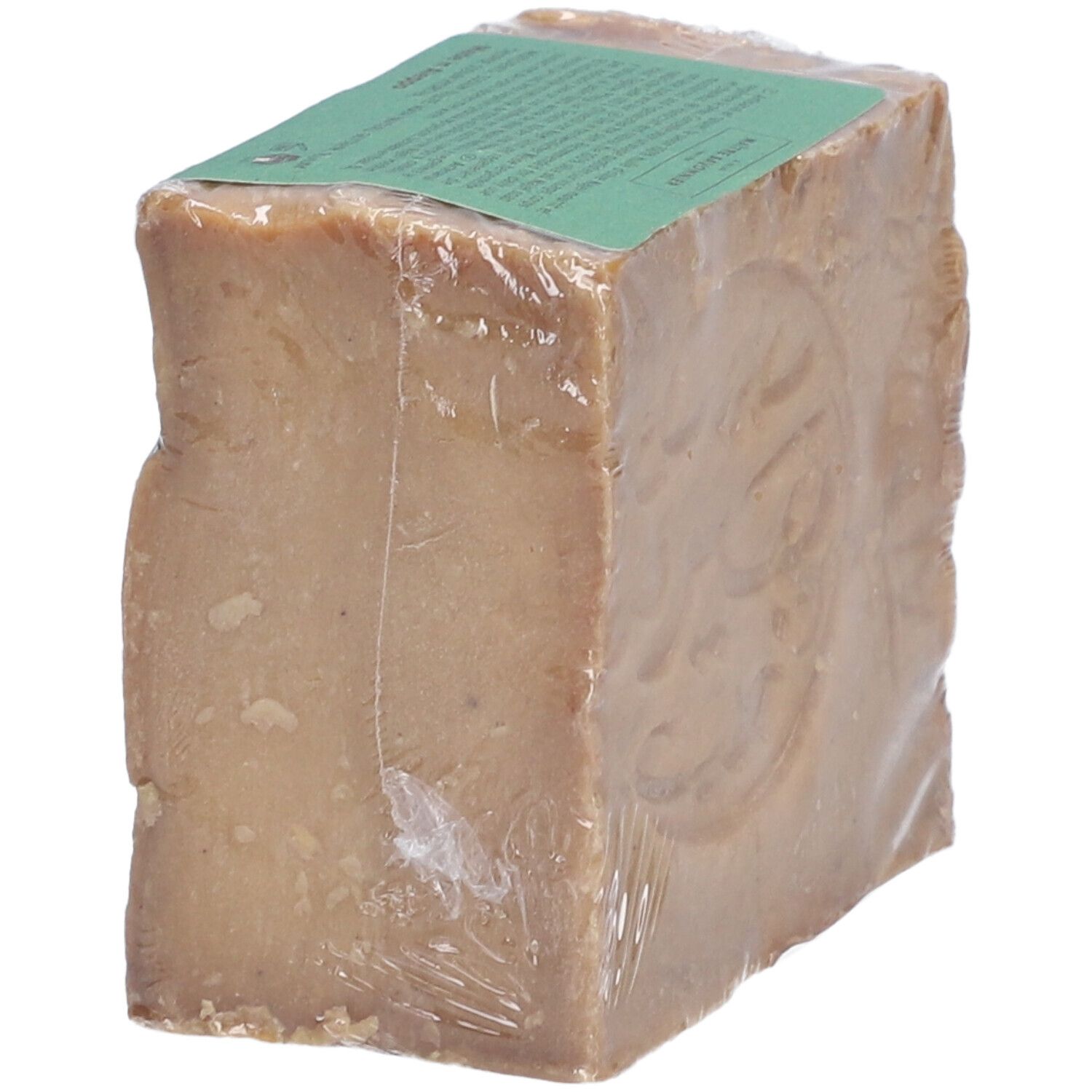 Seifenblock in Folie verpackt. Geprägt mit arabischer Schrift. Grüne Banderole. Hergestellt in Aleppo.