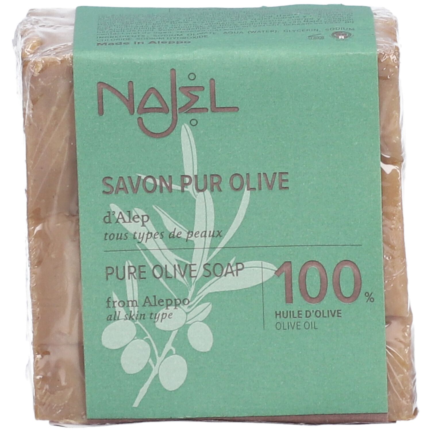 Seifenblöcke in Folie verpackt. Grüne Banderole mit Najel, Savon Pur Olive, 100% Huile d'Olive. Für alle Hauttypen.
