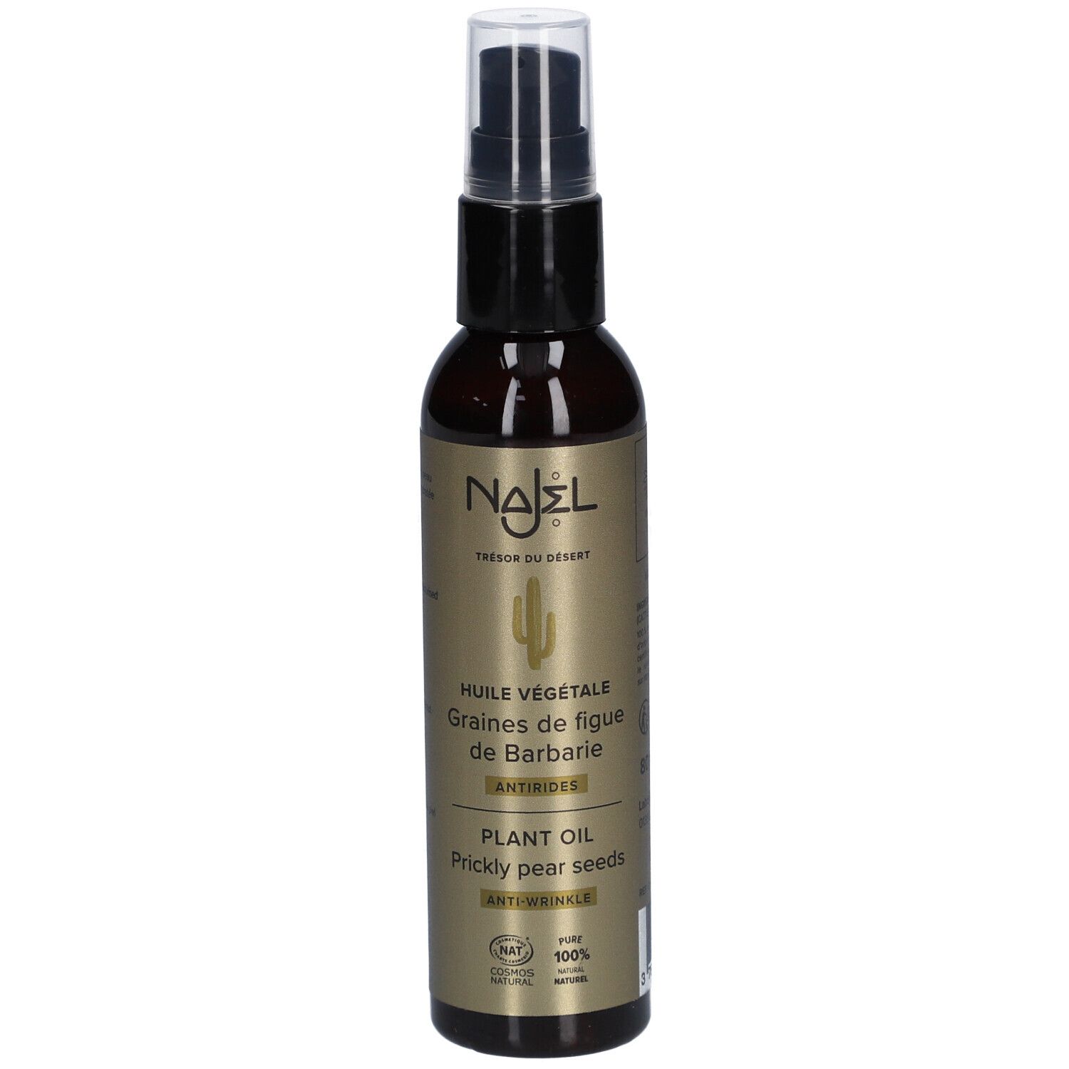 Flacon brun avec vaporisateur. Inscription : Huile Végétale, Graines de figue de Barbarie, Antirides, Plant Oil, Prickly pear seeds.