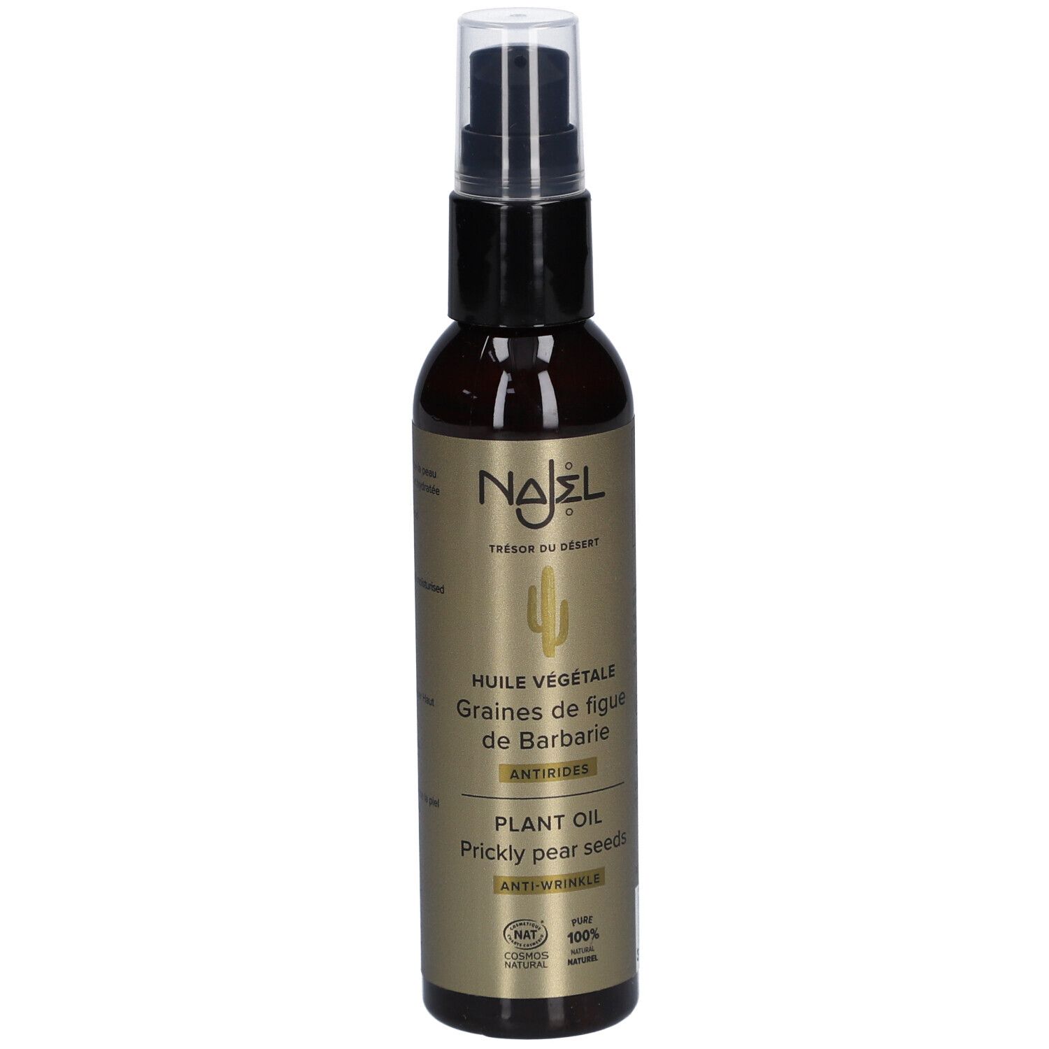 Flacon brun avec vaporisateur. Inscription : Huile Végétale, Graines de figue de Barbarie, Antirides, Plant Oil, Prickly pear seeds.