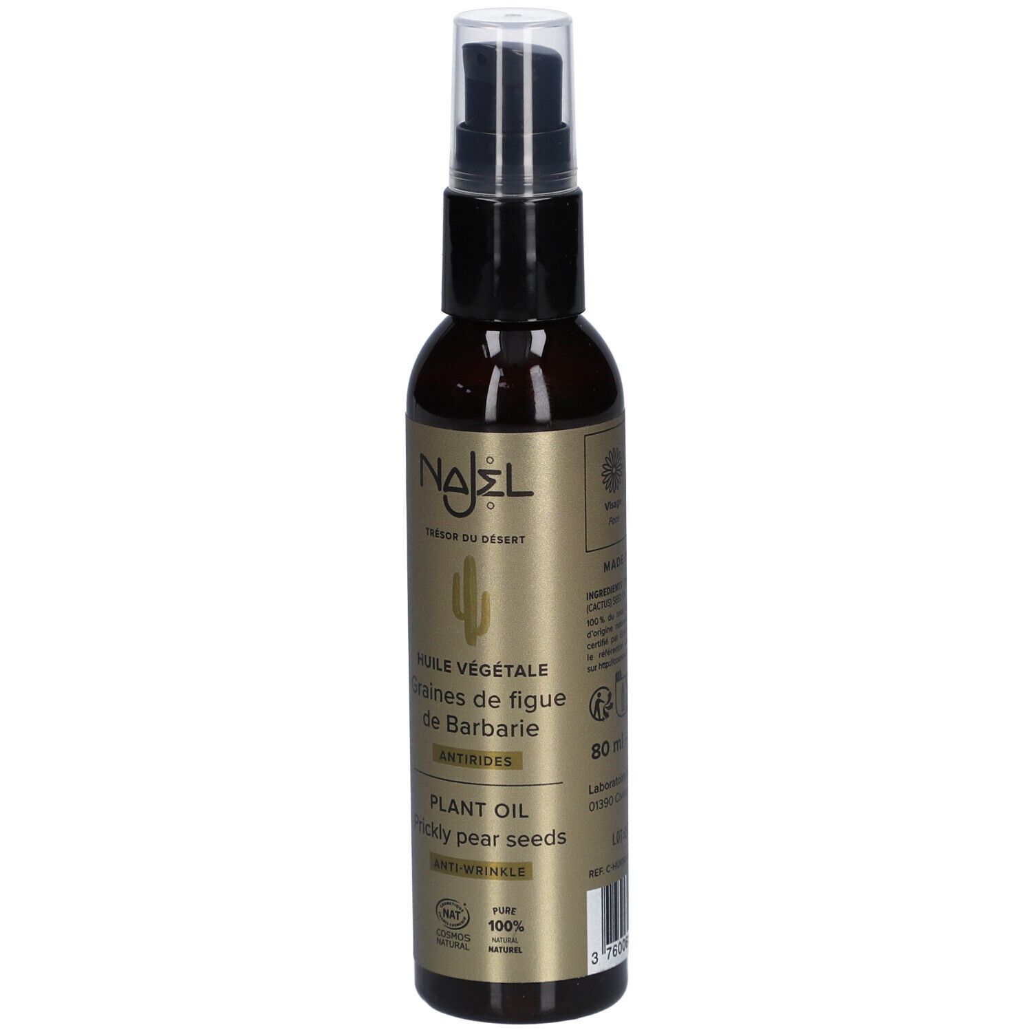 Flacon brun avec vaporisateur. Inscription : Huile Végétale, Graines de figue de Barbarie, Antirides, Plant Oil, Prickly pear seeds.