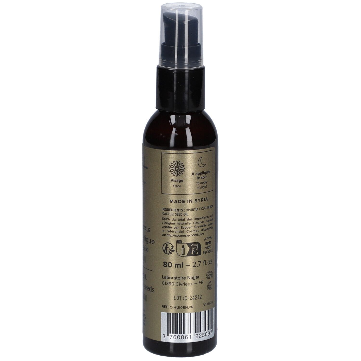 Flacon brun avec vaporisateur. Inscription : 80 ml, ingrédients, origine, adresse du laboratoire, numéro de lot et code-barres.