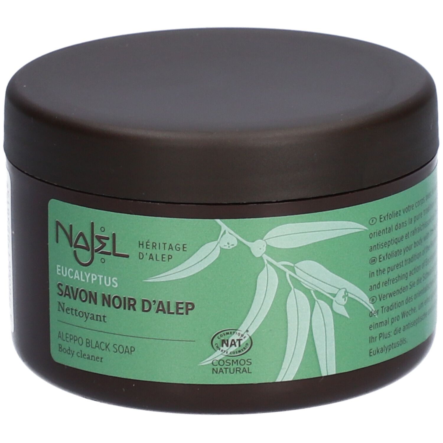 Pot brun avec étiquette verte. Inscription : Najel, Eucalyptus Savon Noir D'Alep, Aleppo Black Soap. Certification Cosmos Natural.
