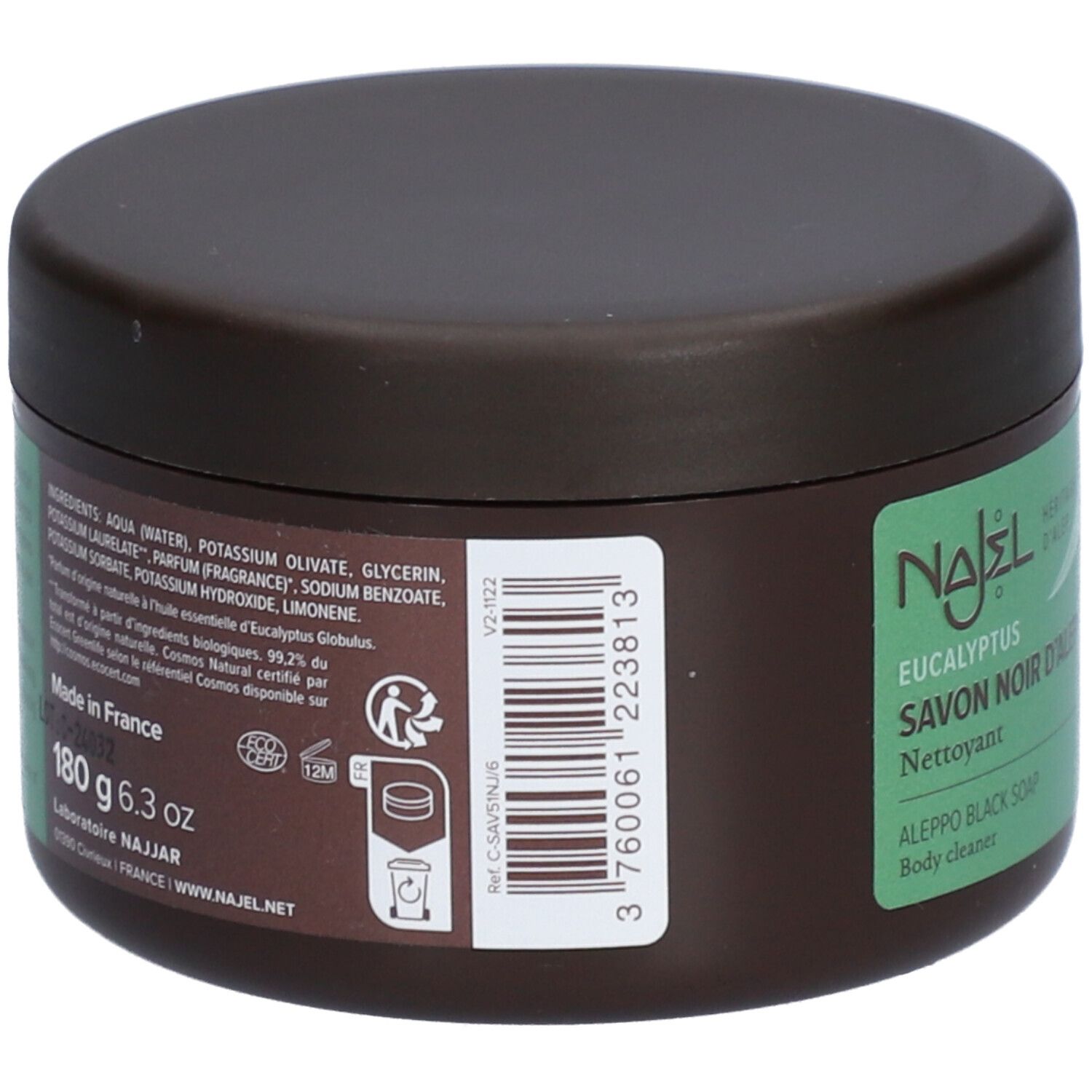 Pot brun avec étiquette verte. Inscription : Najel, Eucalyptus Savon Noir D'Alep, Aleppo Black Soap. Ingrédients, 180g, 6.3 oz. Code-barres.