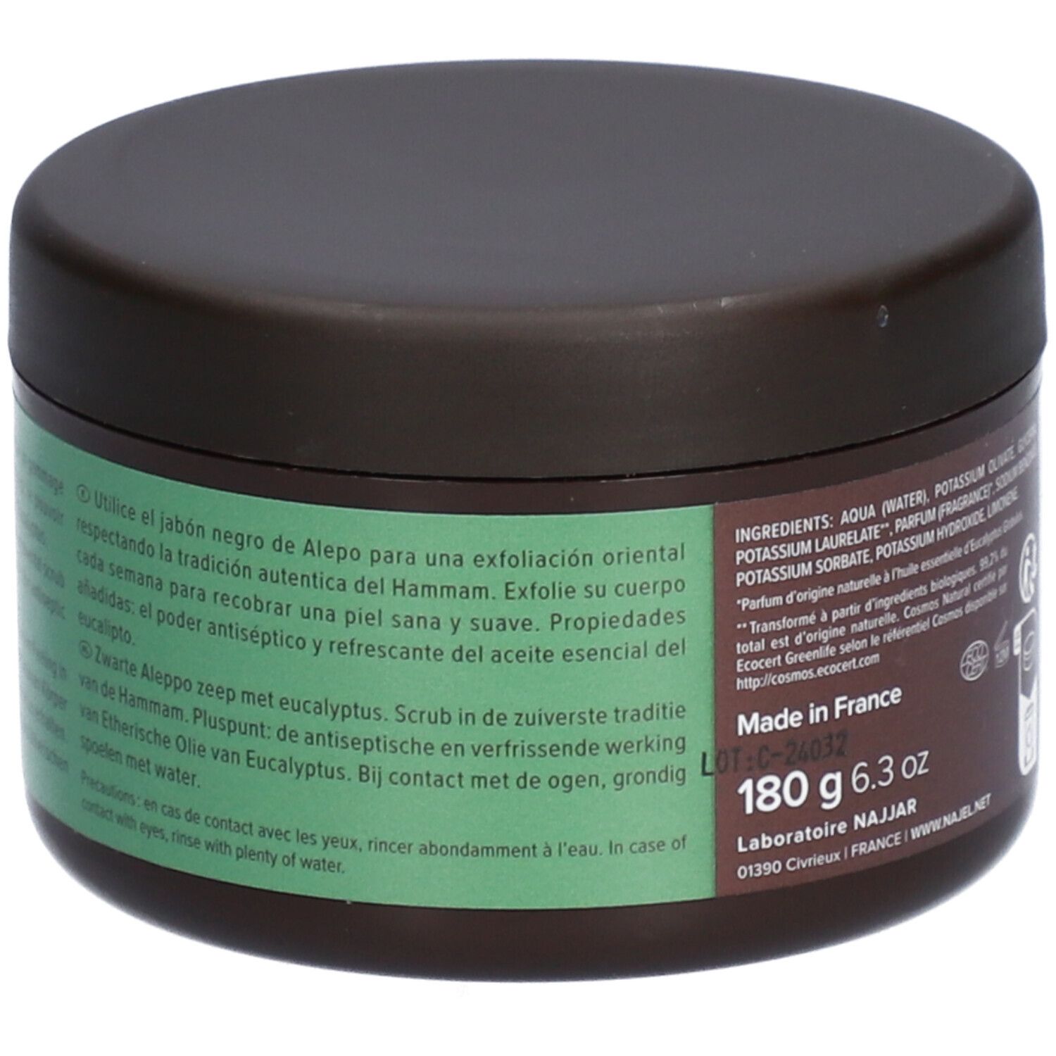 Pot brun avec étiquette verte. Inscription : Najel, Eucalyptus Savon Noir D'Alep, Aleppo Black Soap. Ingrédients, 180g, 6.3 oz. Texte en espagnol.