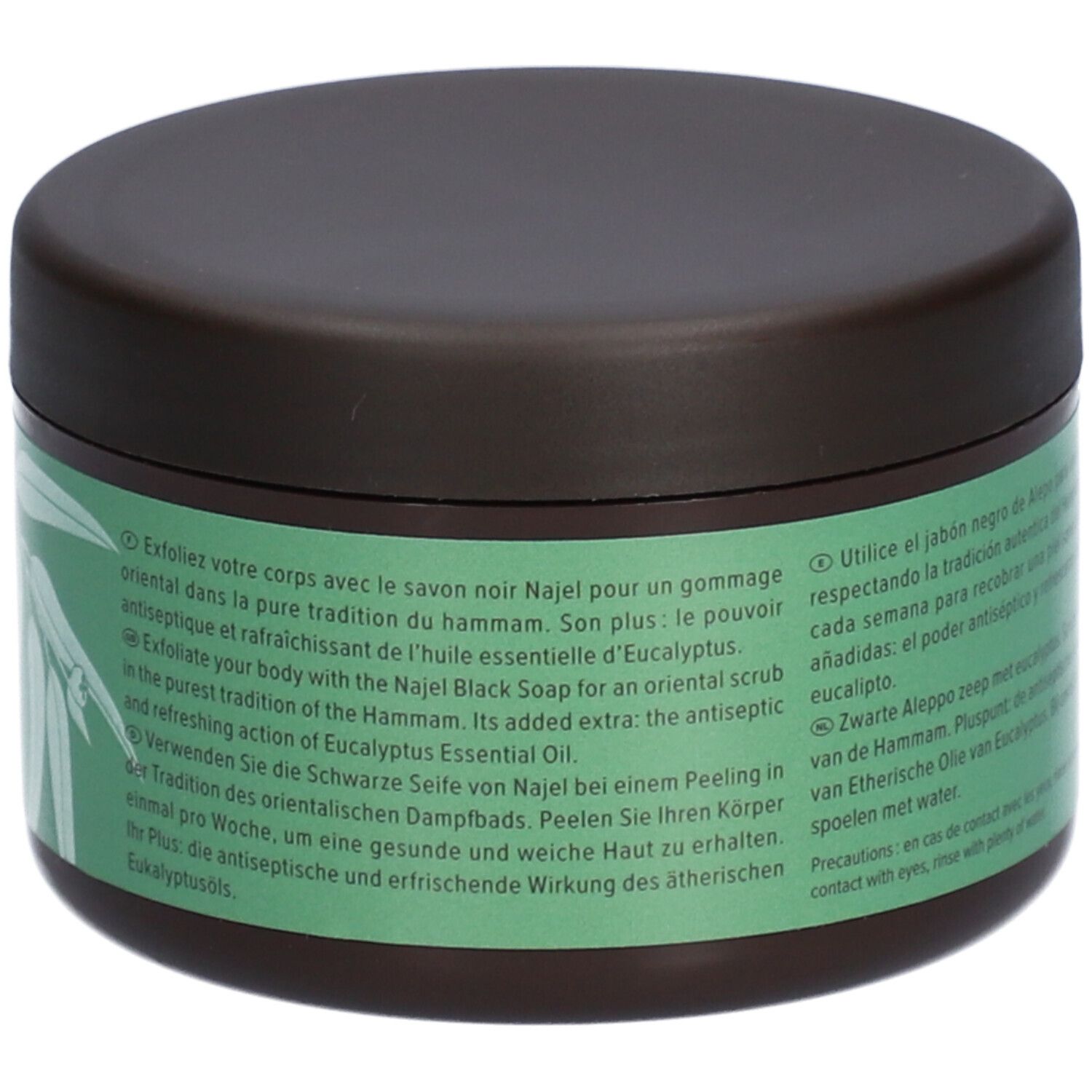 Pot brun avec étiquette verte. Inscription : Najel, Eucalyptus Savon Noir D'Alep, Aleppo Black Soap. Texte en allemand, français et espagnol.
