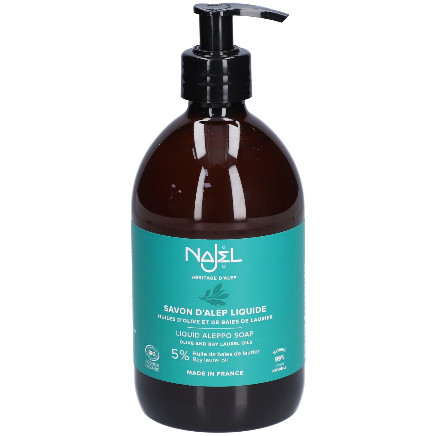 Flacon brun avec pompe noire. Étiquette turquoise avec nom du produit et logo. Certification biologique.