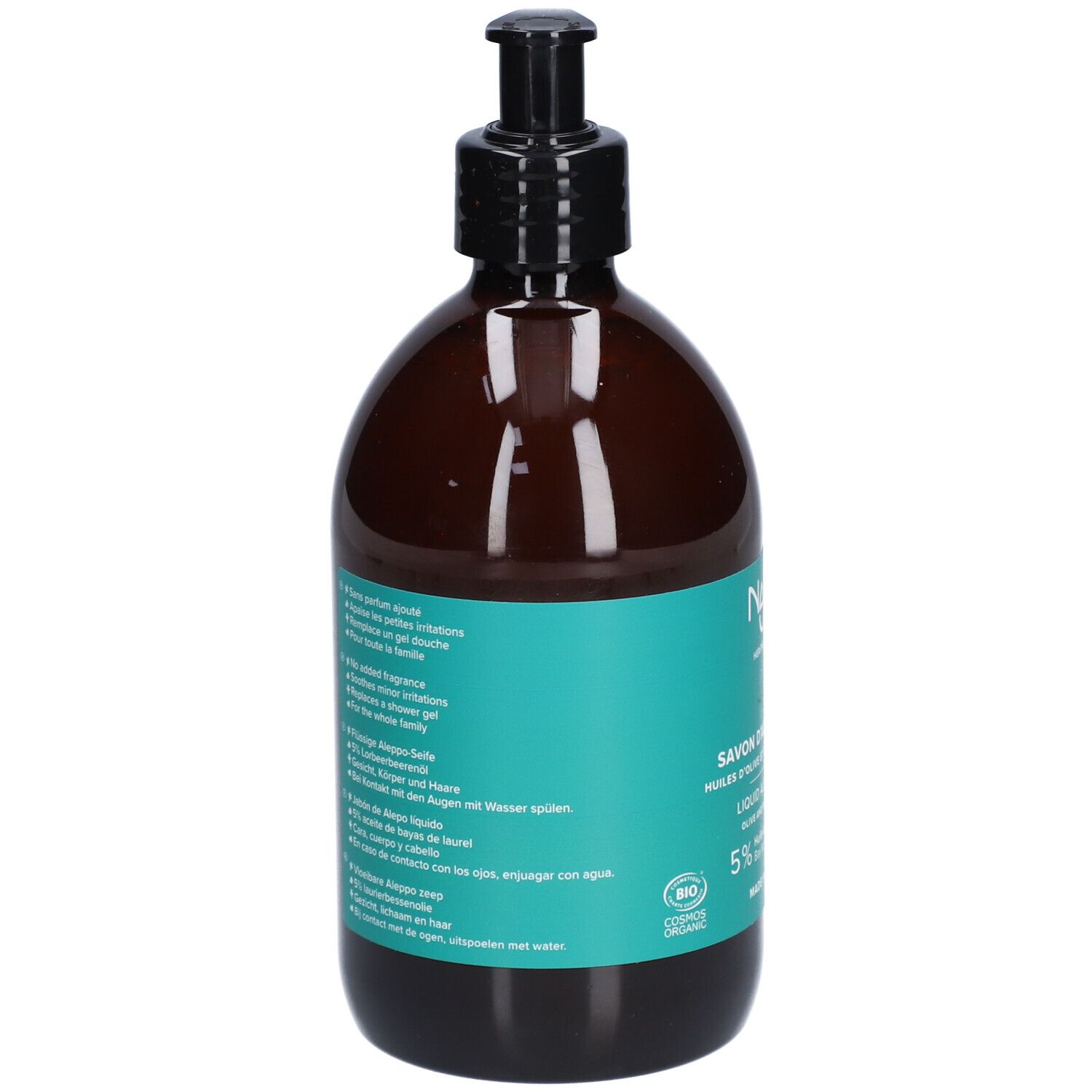 Dos du flacon brun avec étiquette turquoise. Informations produit multilingues. Certification biologique.