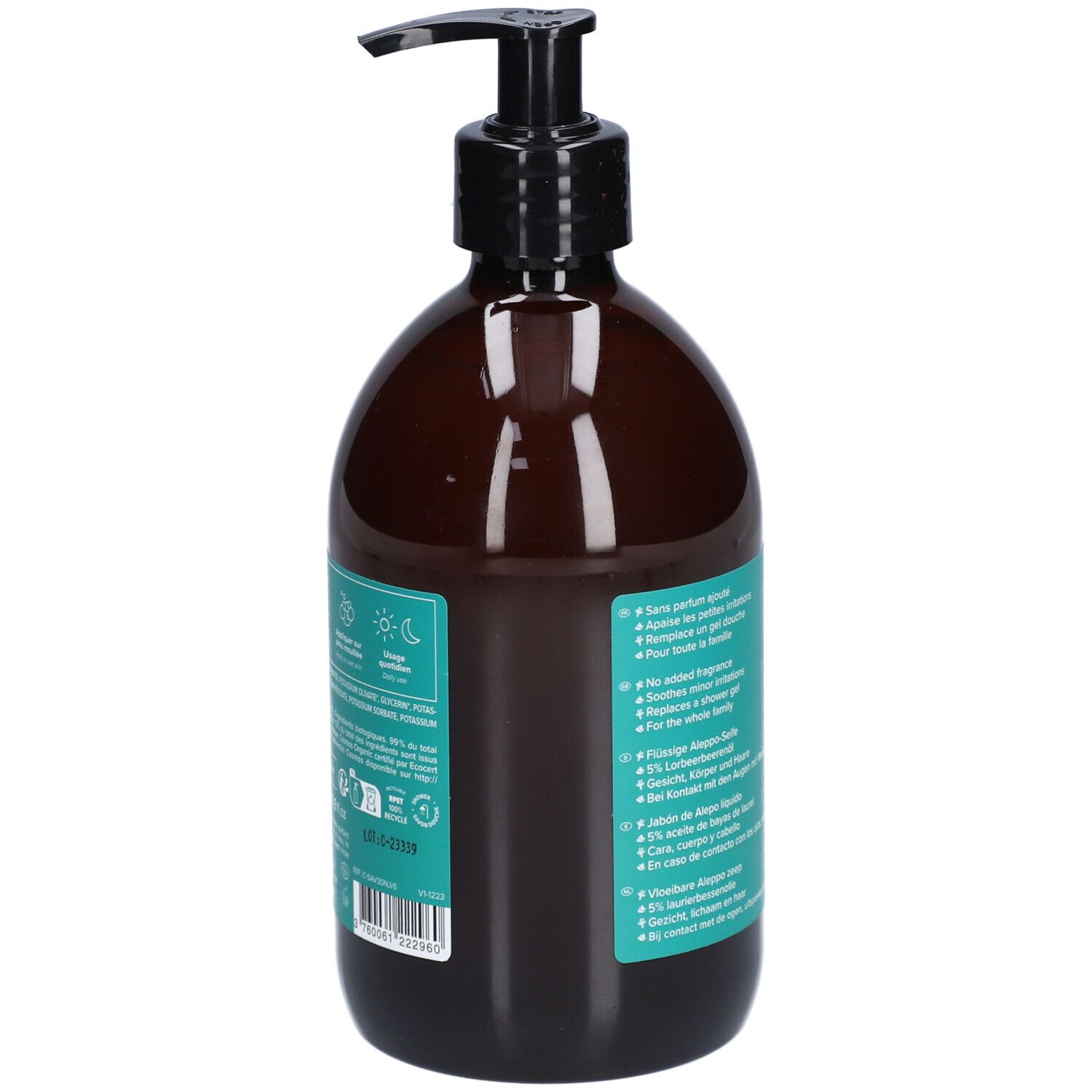 Dos du flacon brun avec étiquette turquoise. Informations produit multilingues. Certification biologique.