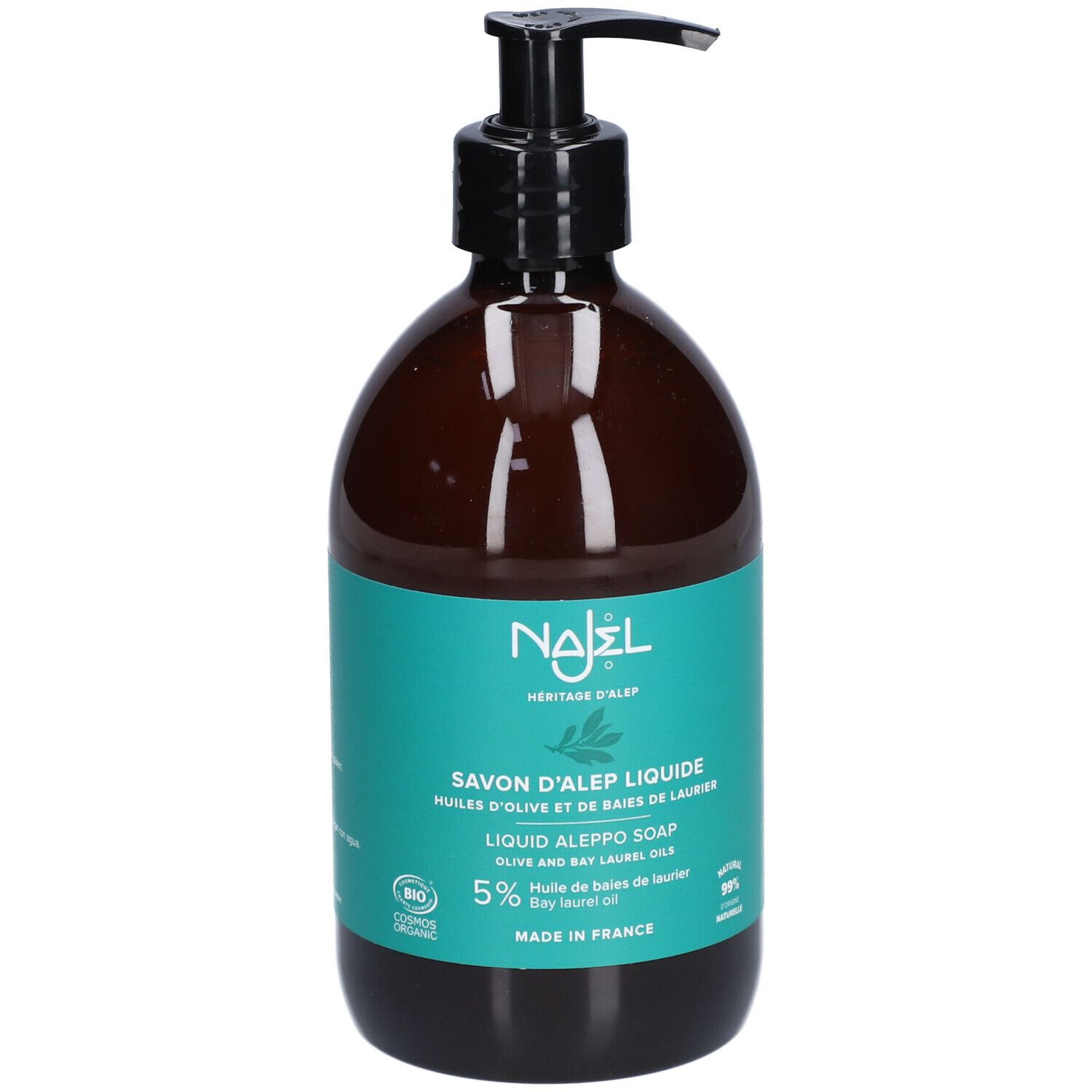 Flacon brun avec pompe noire. Étiquette turquoise avec nom du produit et logo. Certification biologique.