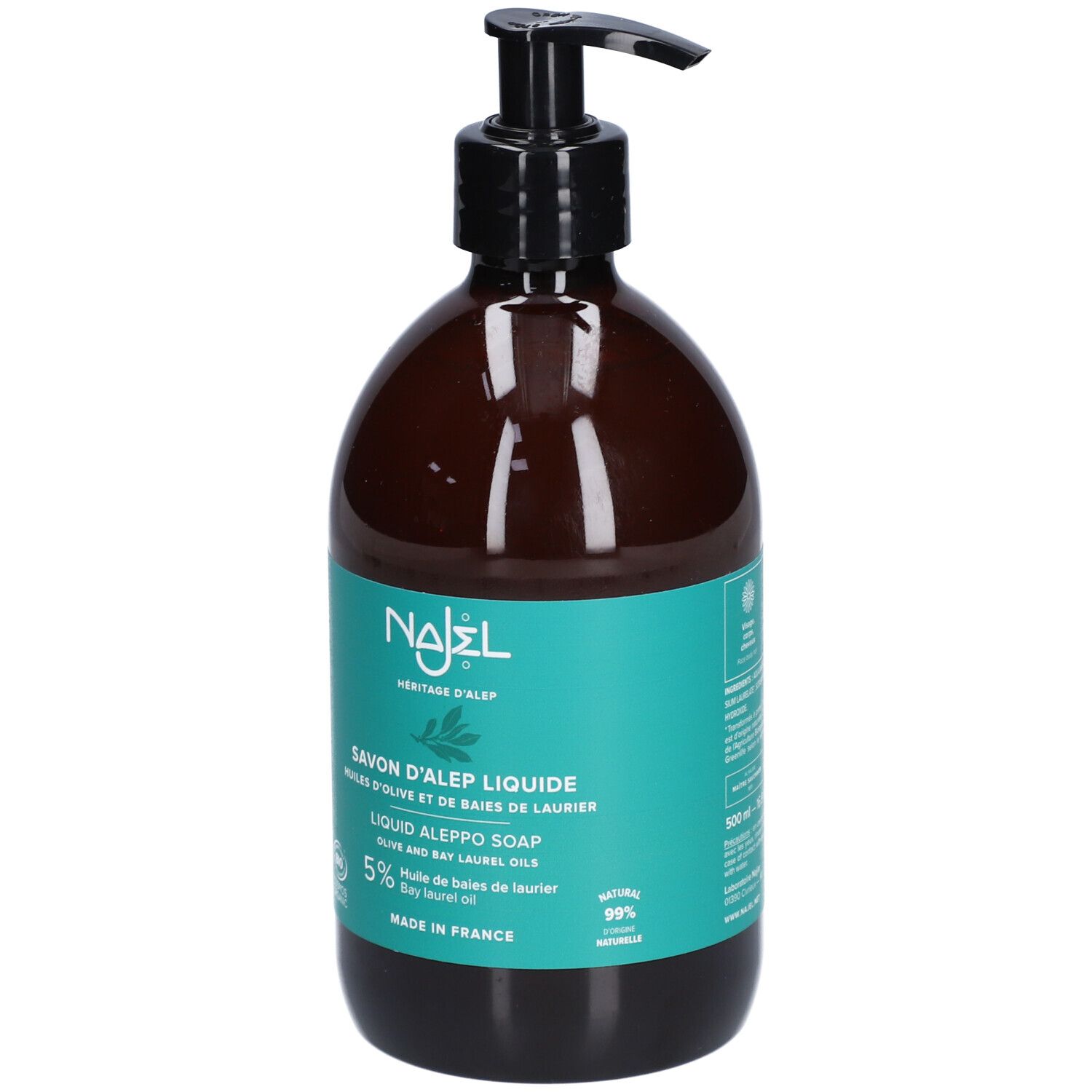 Flacon brun avec pompe noire. Étiquette turquoise avec nom du produit et logo. Certification biologique.