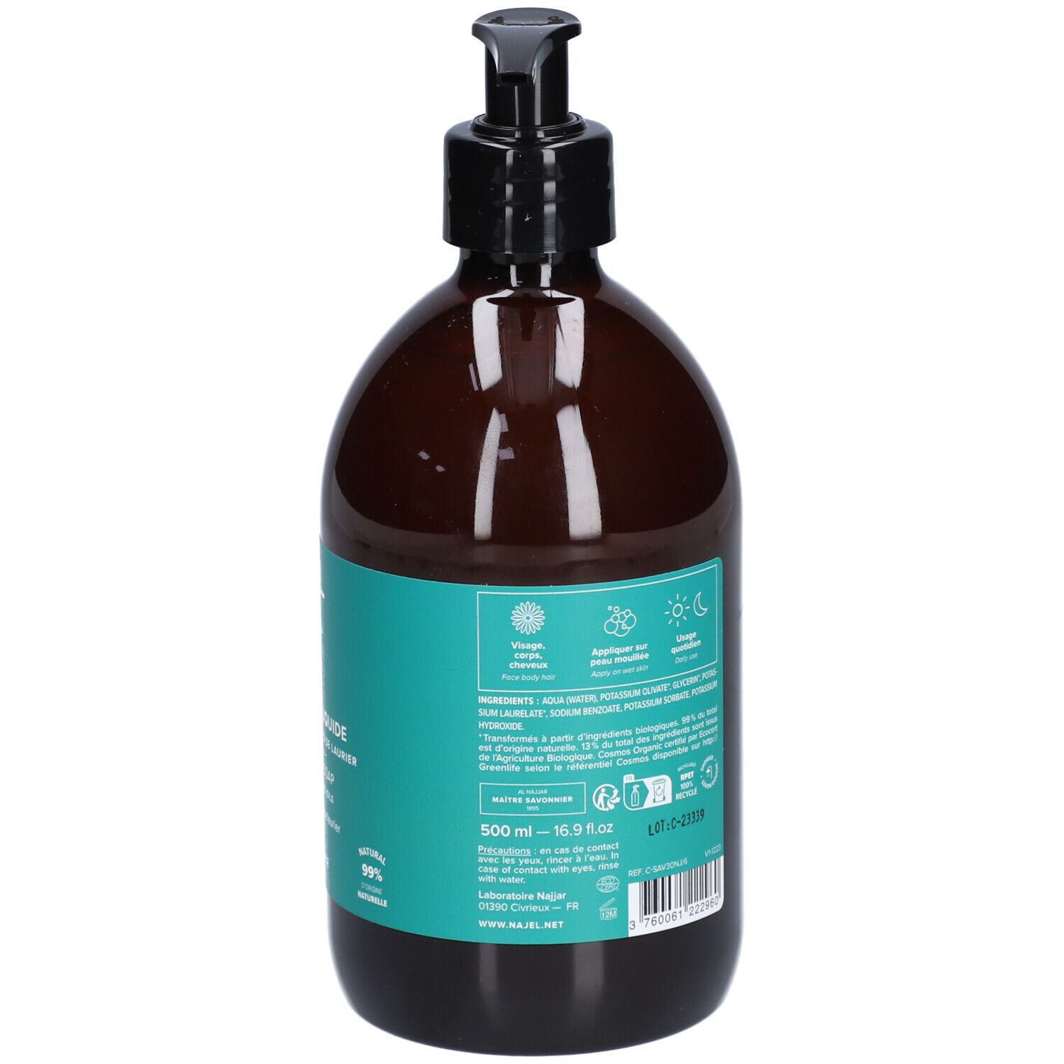 Dos du flacon brun avec étiquette turquoise. Informations produit, ingrédients et certifications.
