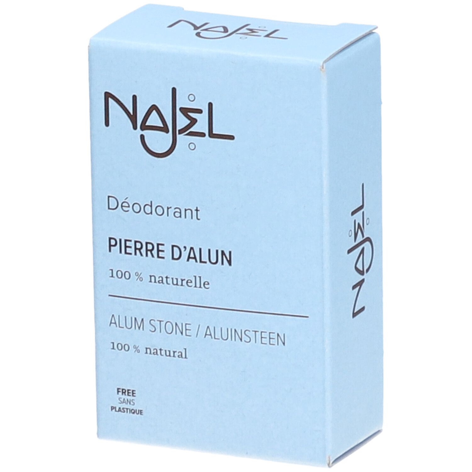 Hellblaue Schachtel mit Produktinformationen. Aufschrift: NAJEL, Déodorant, Pierre d'alun, 100% naturelle, Alum Stone, 100% natural.