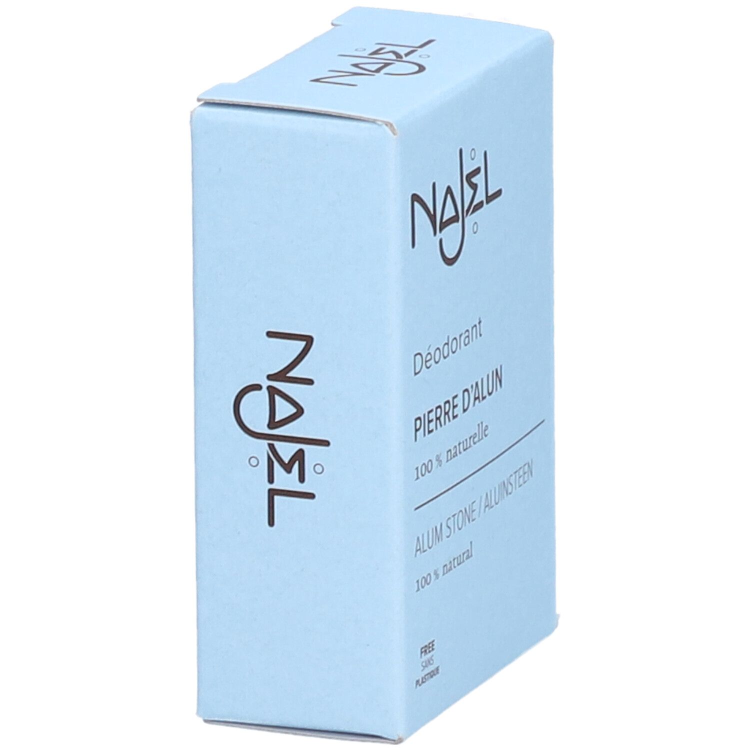 Hellblaue Schachtel, schräg. Aufschrift: NAJEL, Déodorant, Pierre d'alun, 100% naturelle, Alum Stone, 100% natural. Logo NAJEL.