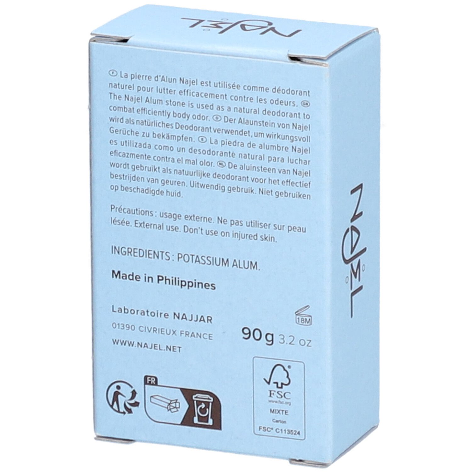 Rückseite einer hellblauen Schachtel. Text: Inhaltsstoffe, Potassium Alum, 90g 3.2 oz, FSC-Logo, NAJEL.net.