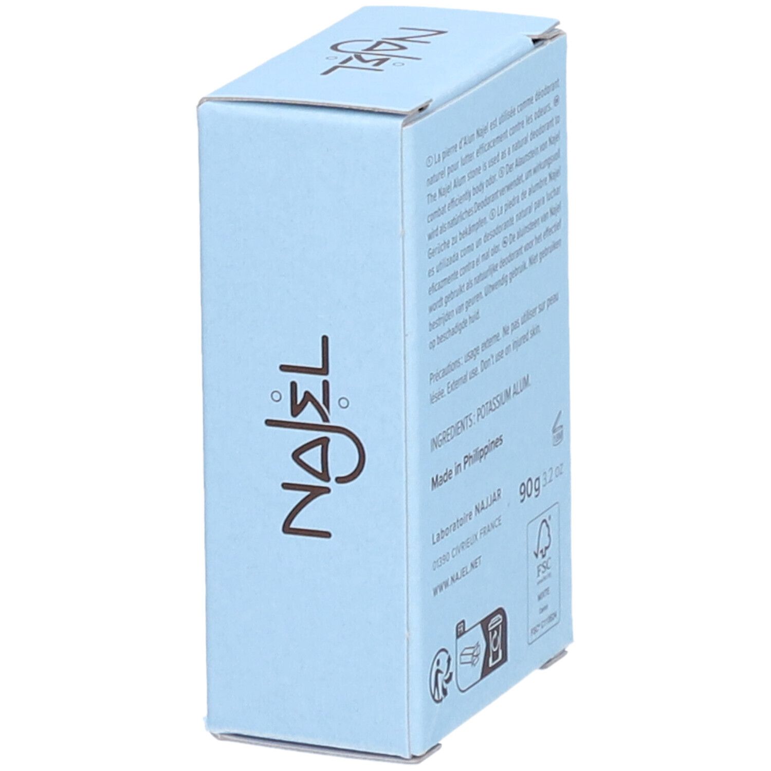 Schräg gestellte hellblaue Schachtel. Text: Inhaltsstoffe, Potassium Alum, 90g 3.2 oz, NAJEL.net, FSC-Logo.