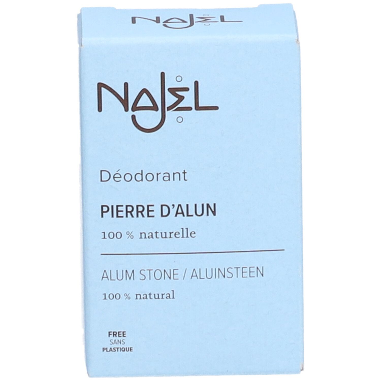 Hellblaue Schachtel. Aufschrift: NAJEL, Déodorant, Pierre d'alun, 100% naturelle, Alum Stone, 100% natural.