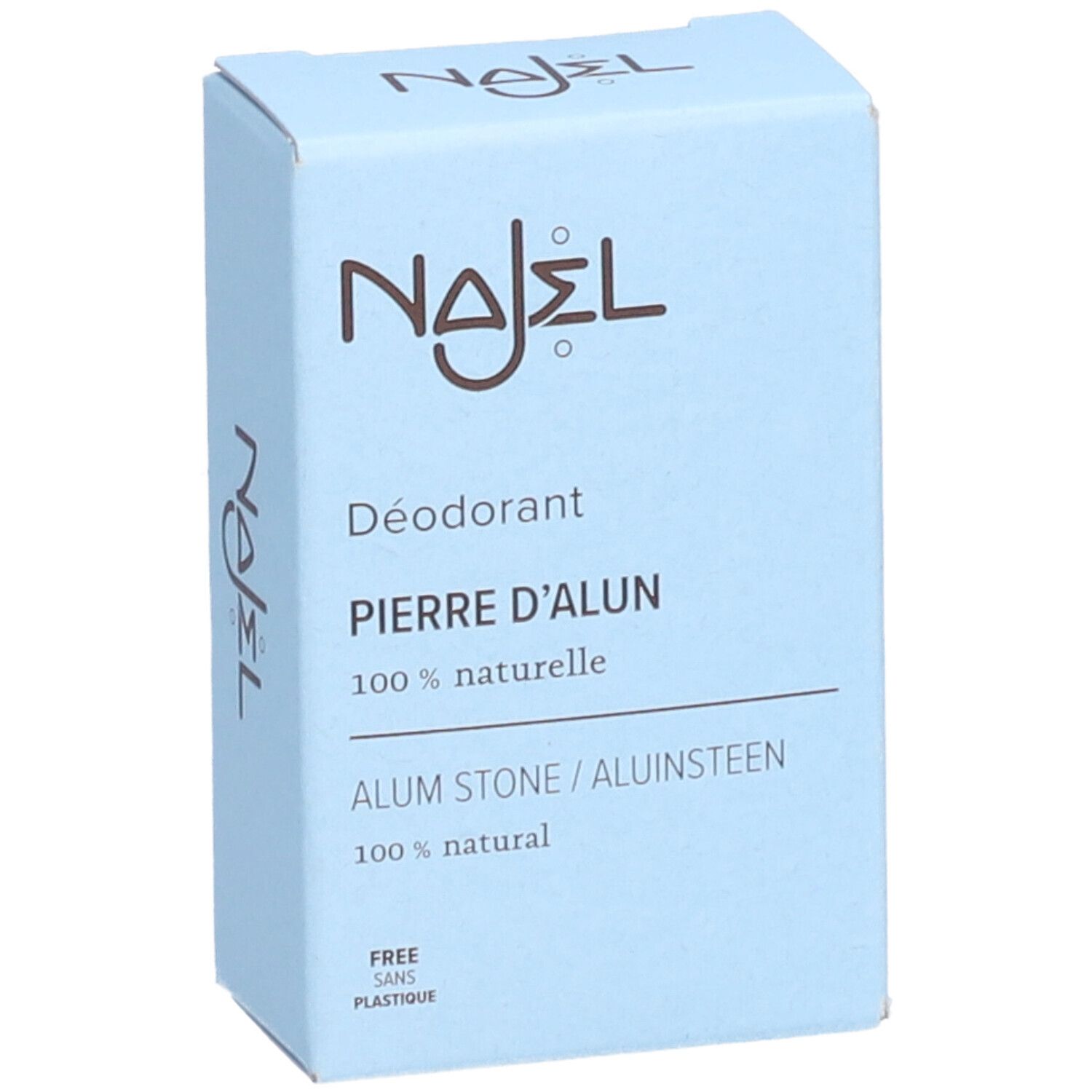 Hellblaue Schachtel. Aufschrift: NAJEL, Déodorant, Pierre d'alun, 100% naturelle, Alum Stone, 100% natural.