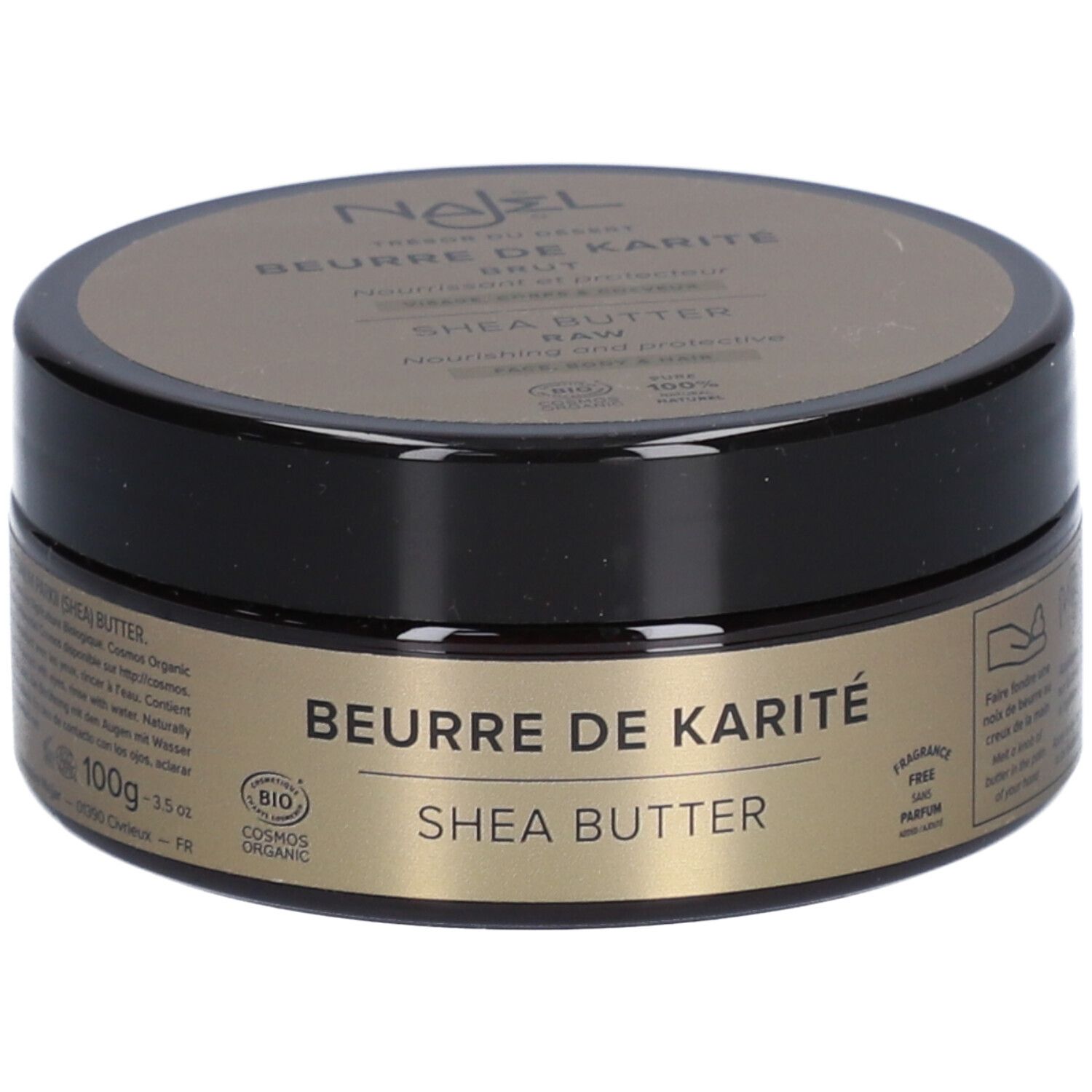Dose mit Aufschrift BEURRE DE KARITÉ, SHEA BUTTER. Mit Bio-Zertifizierung. Schwarzer Deckel, goldfarbener Aufkleber.