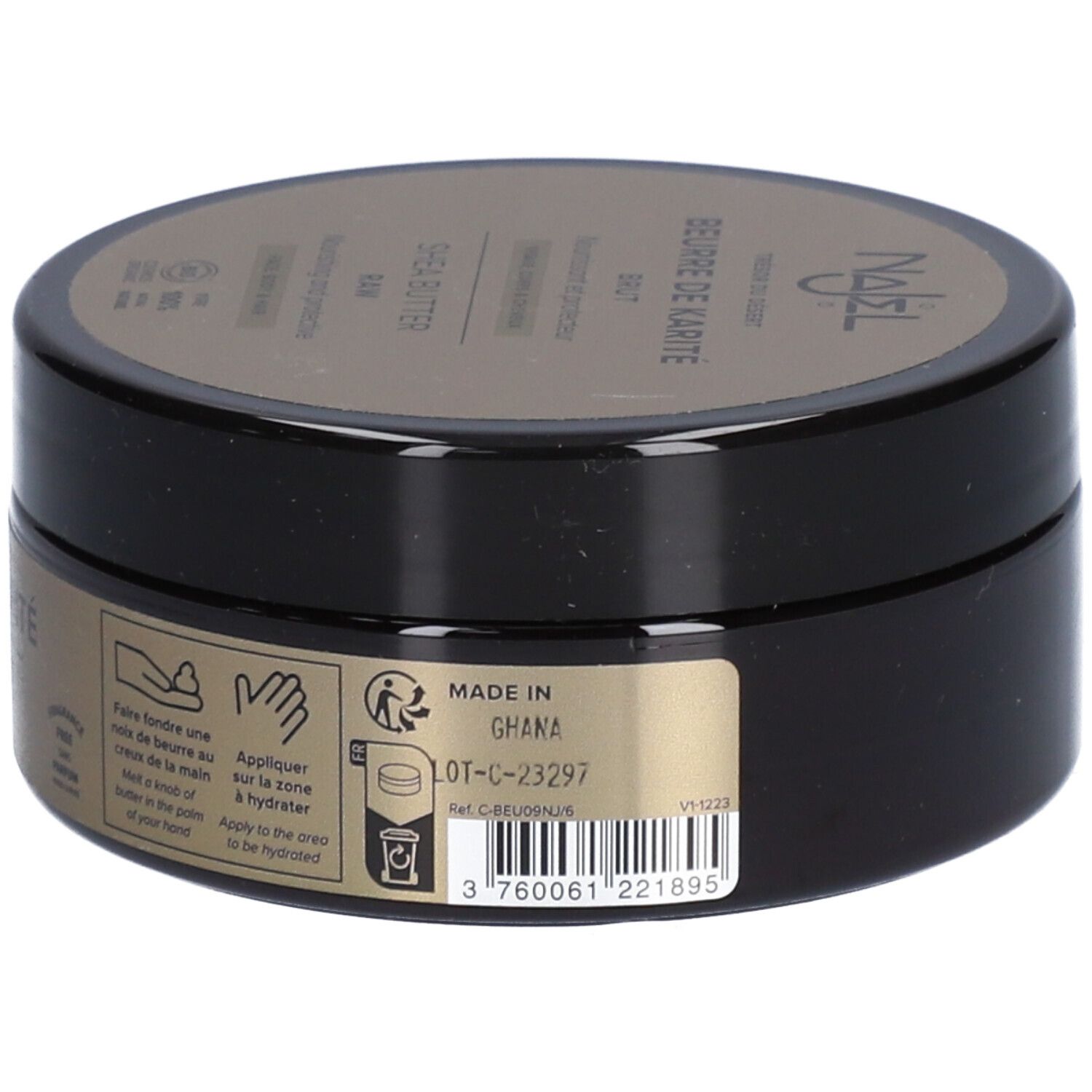 Dose mit Aufschrift BEURRE DE KARITÉ, SHEA BUTTER. Mit Bio-Zertifizierung. Schwarzer Deckel, goldfarbener Aufkleber.