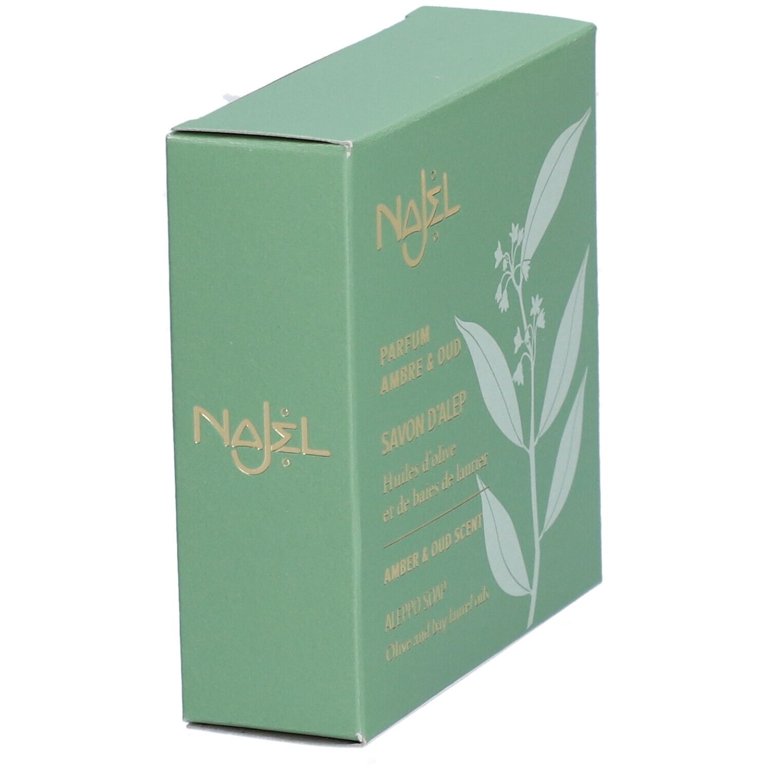 Boîte verte, vue en biais. Logo doré et informations produit. Texte: Parfum Ambre & Oud, Savon d'Alep.