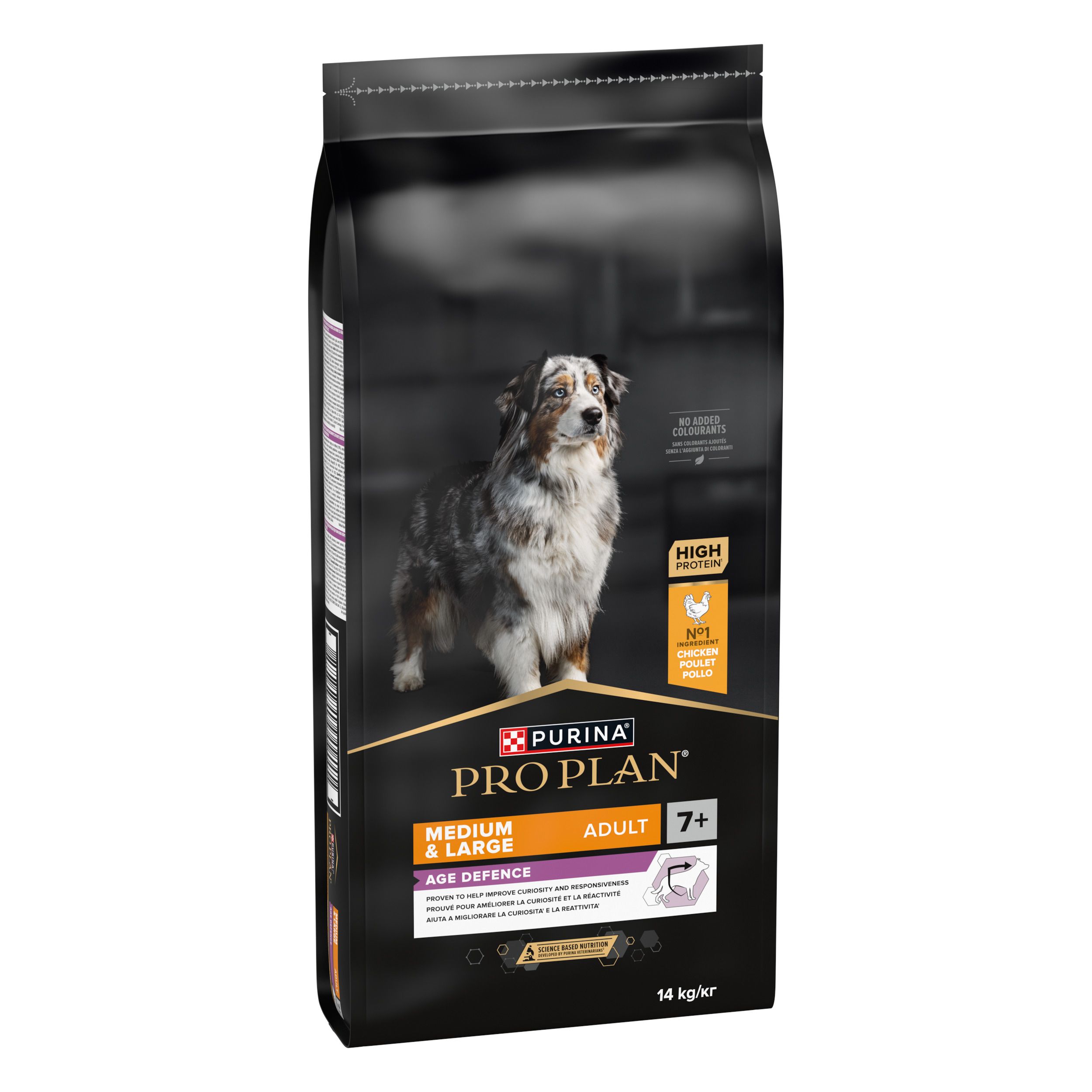 Nourriture pour chiens Purina Pro Plan Adult Age Defence, avant, sac de 14kg.
