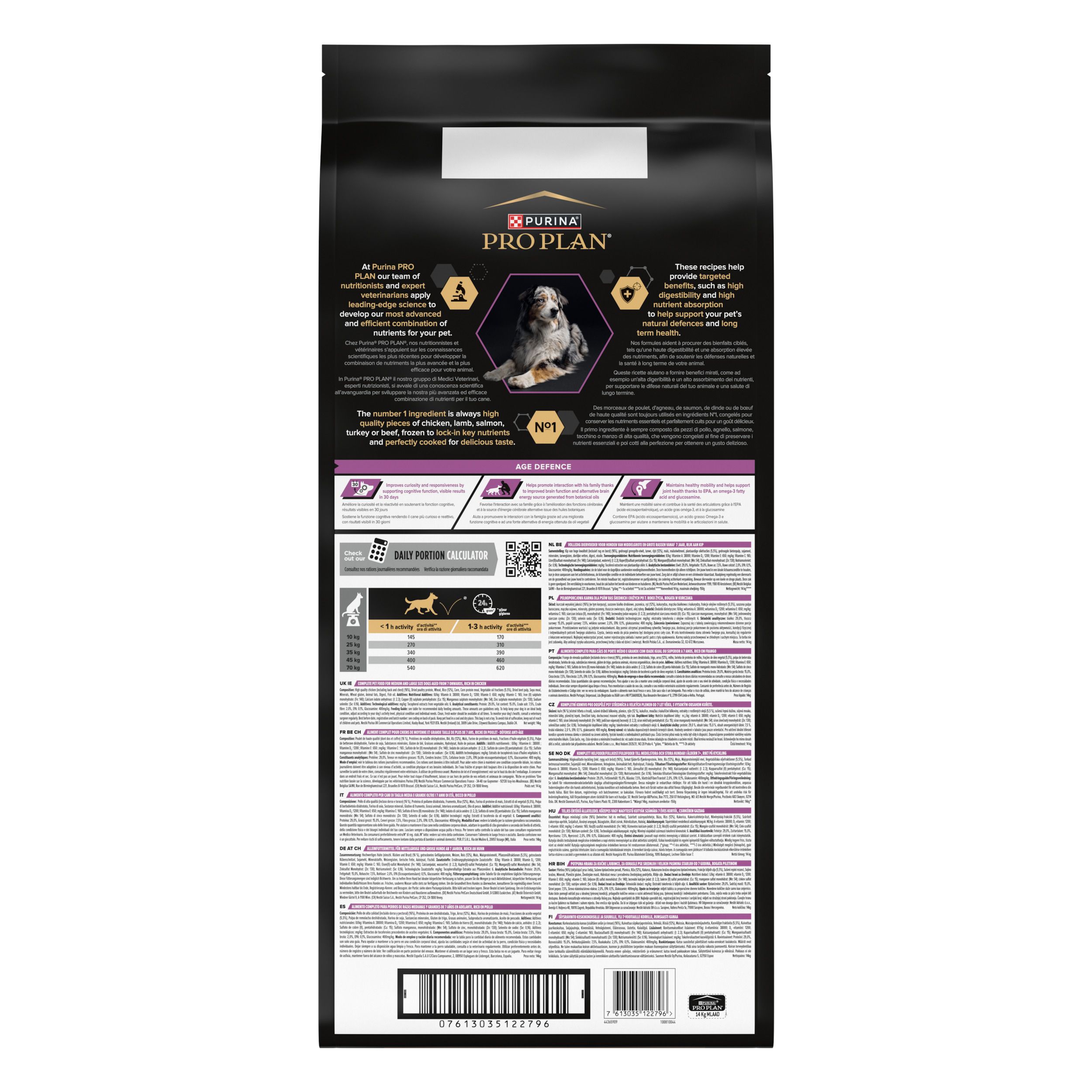 Nourriture pour chiens Purina Pro Plan Adult Age Defence, vue détaillée, sac de 14kg.