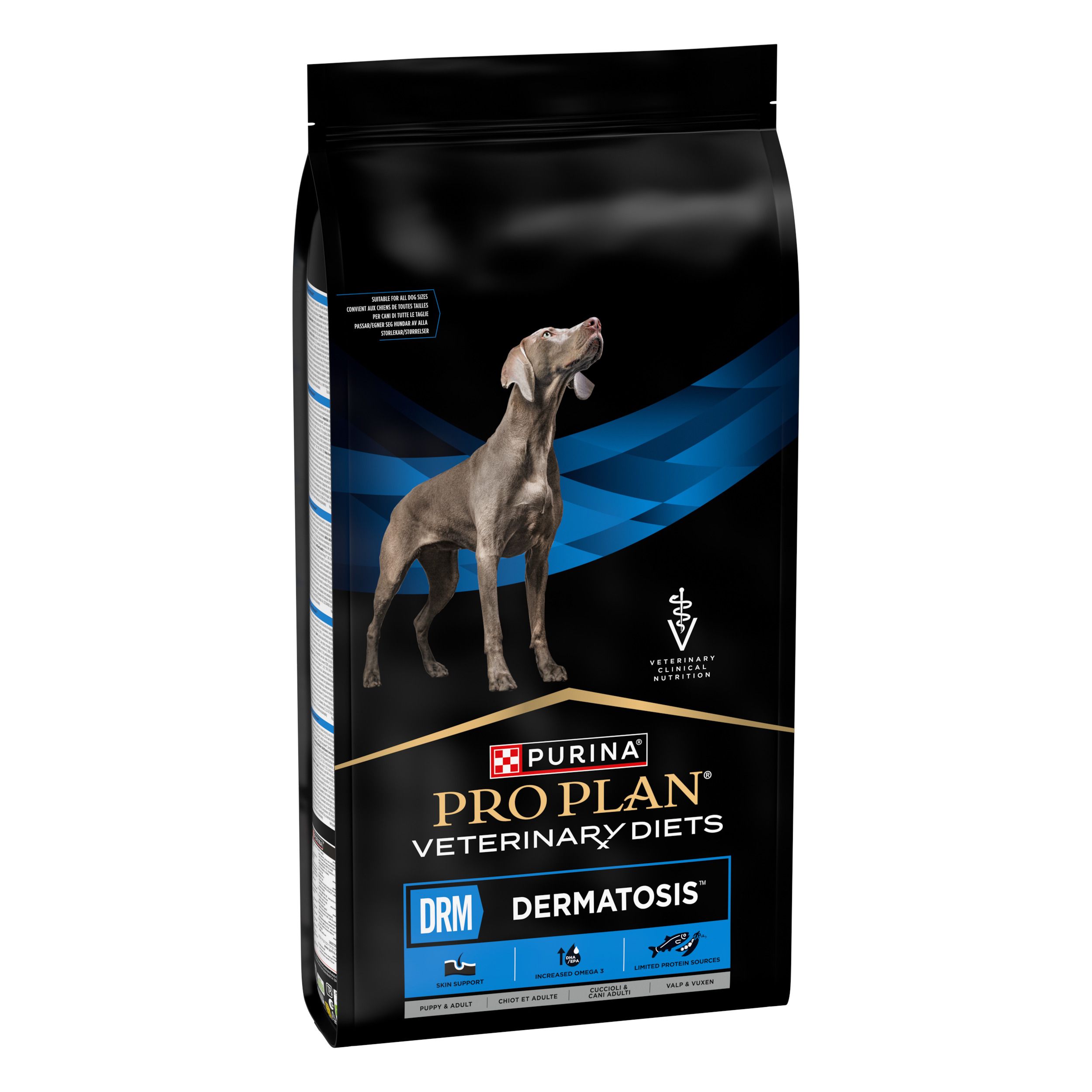 Purina Pro Plan Veterinary Diets DRM Dermatosis nourriture pour chien. Arrière du sac noir avec informations.