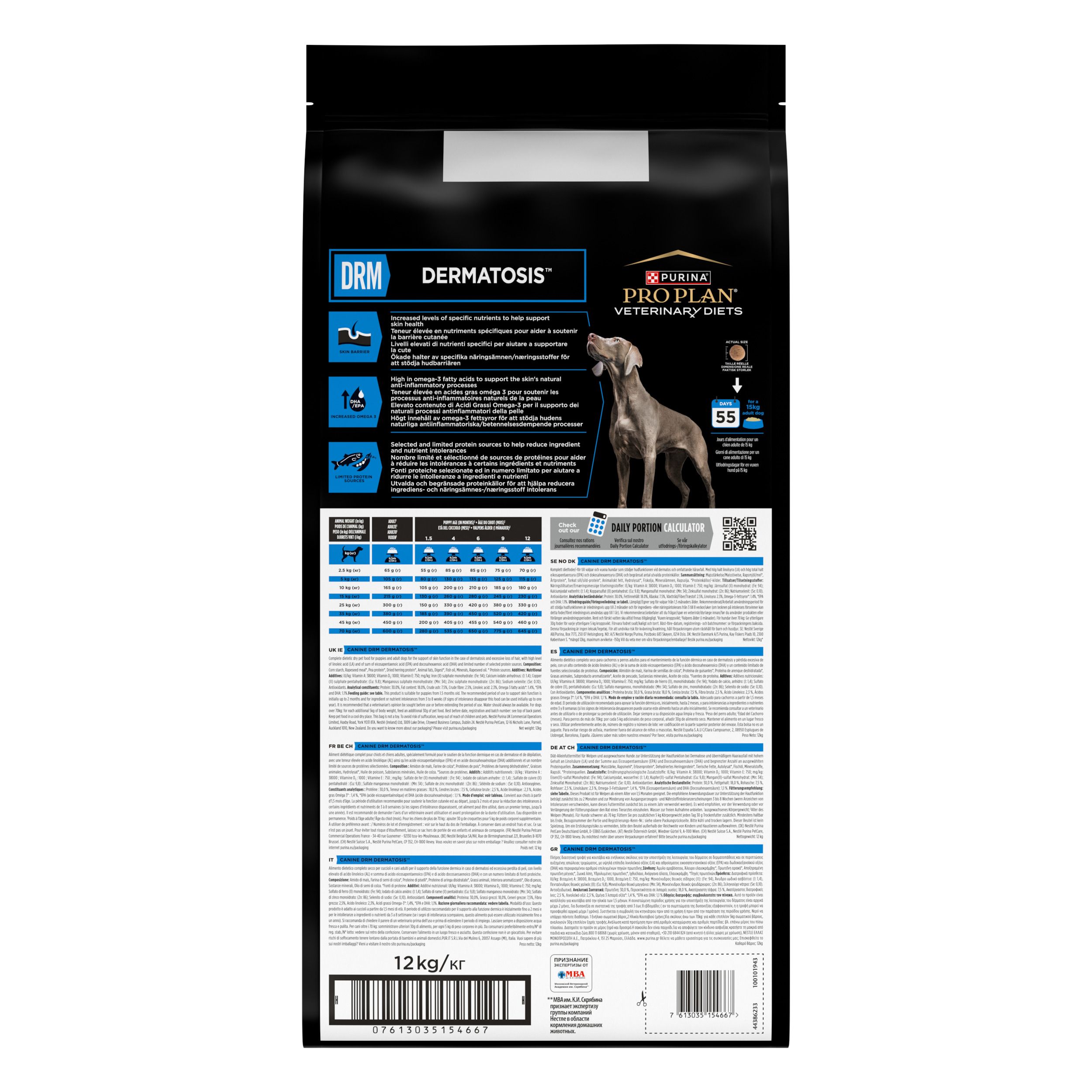 Purina Pro Plan Veterinary Diets DRM Dermatosis nourriture pour chien. Tableau des tailles et recommandations alimentaires.