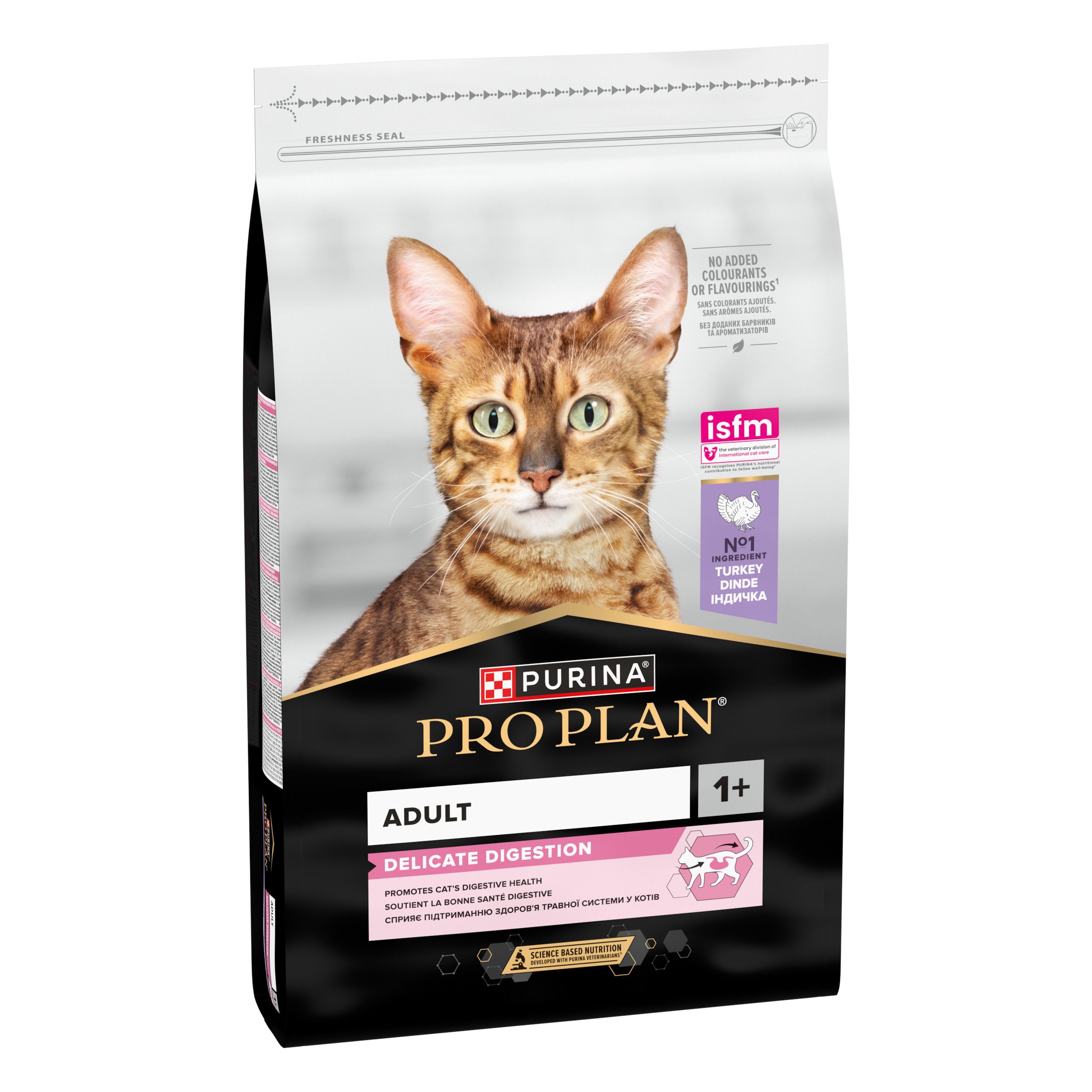 Achterkant van een zak kattenvoer Purina Pro Plan Adult Delicate Digestion.